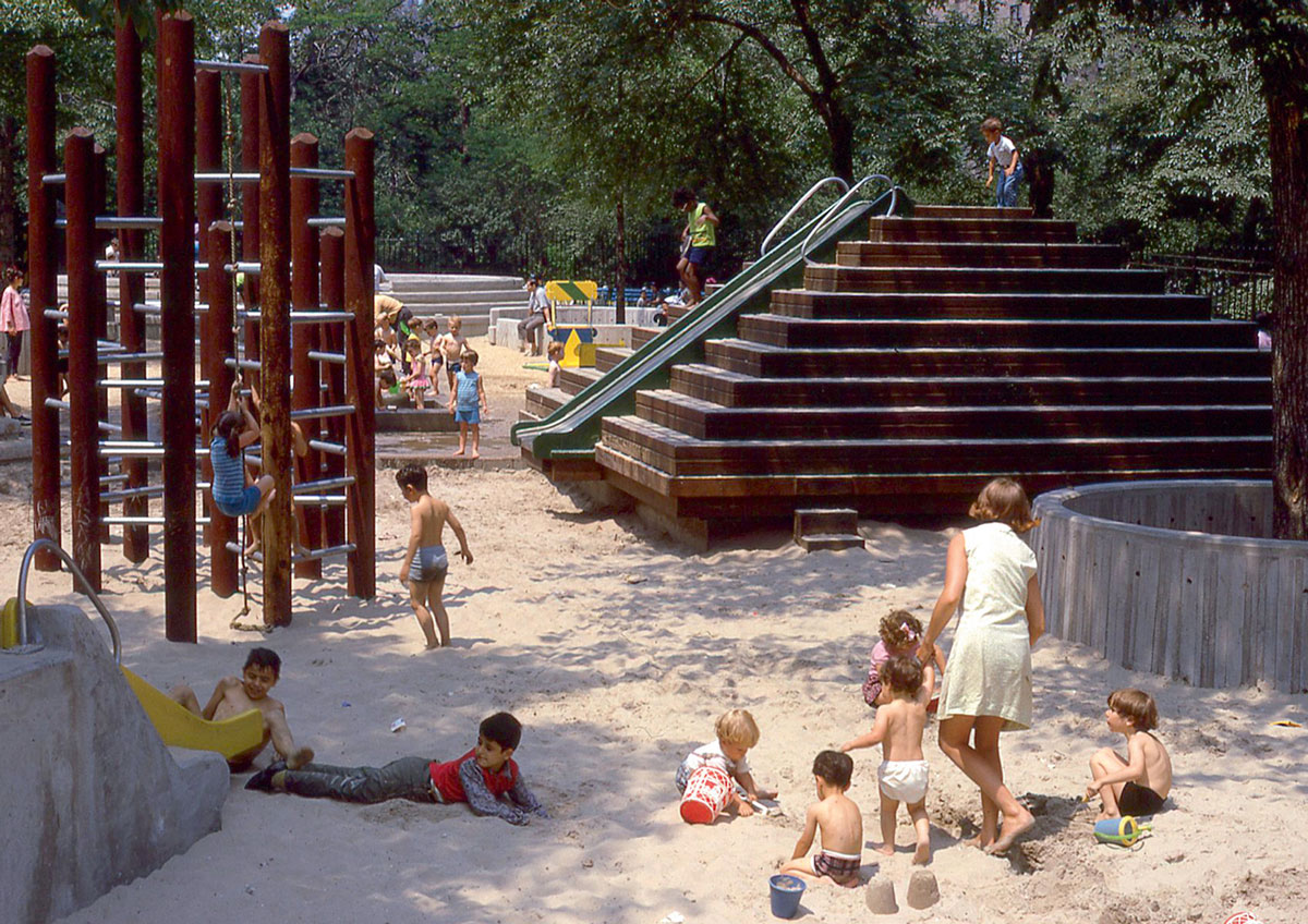 A nineteen sixty-six photograph Richard Dattner’s West 67th Street adventure playground.