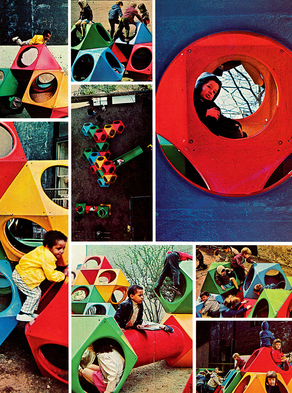 A page from “The Instant Playground,” a nineteen sixty-nine brochure advertising Richard Dattner’s PlayCubes. The brochure, for a New York–based company named Playstreet, Inc., described the cubes as “a clustered grouping of fiberglass units, interlocked and tunneled for safe, creative play. Each unit is light, easy to assemble, and when connected into a crystalline structure, forms a practically indestructible play unit of irresistible appeal to children.”