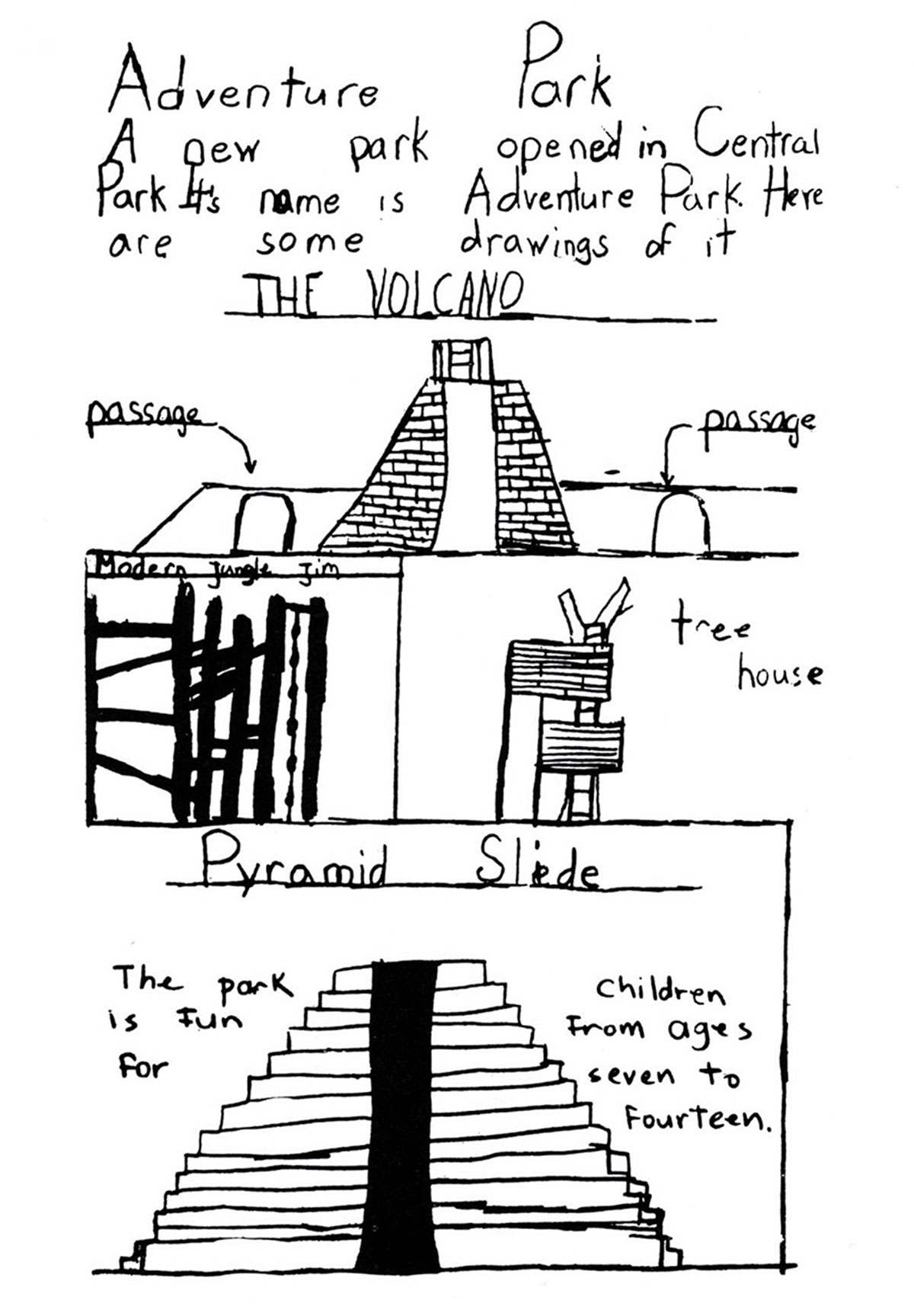 A child’s drawing of 67th Street playground, reproduced in Richard Dattner’s nineteen sixty-nine “Design for Play.”
