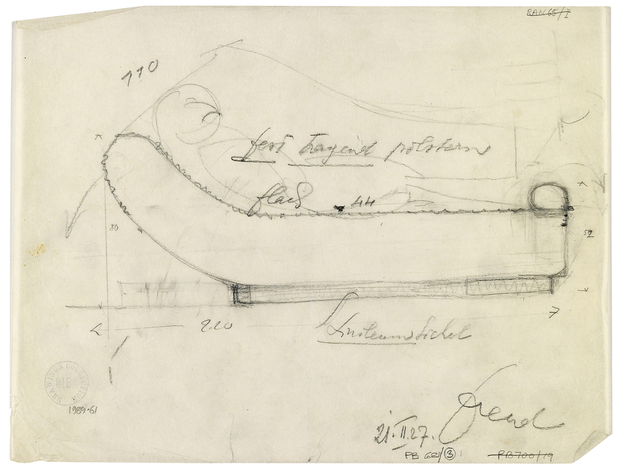 A sketch for the consulting couch designed by Freud in nineteen twenty-seven for Sanatorium Schloss Tegel.