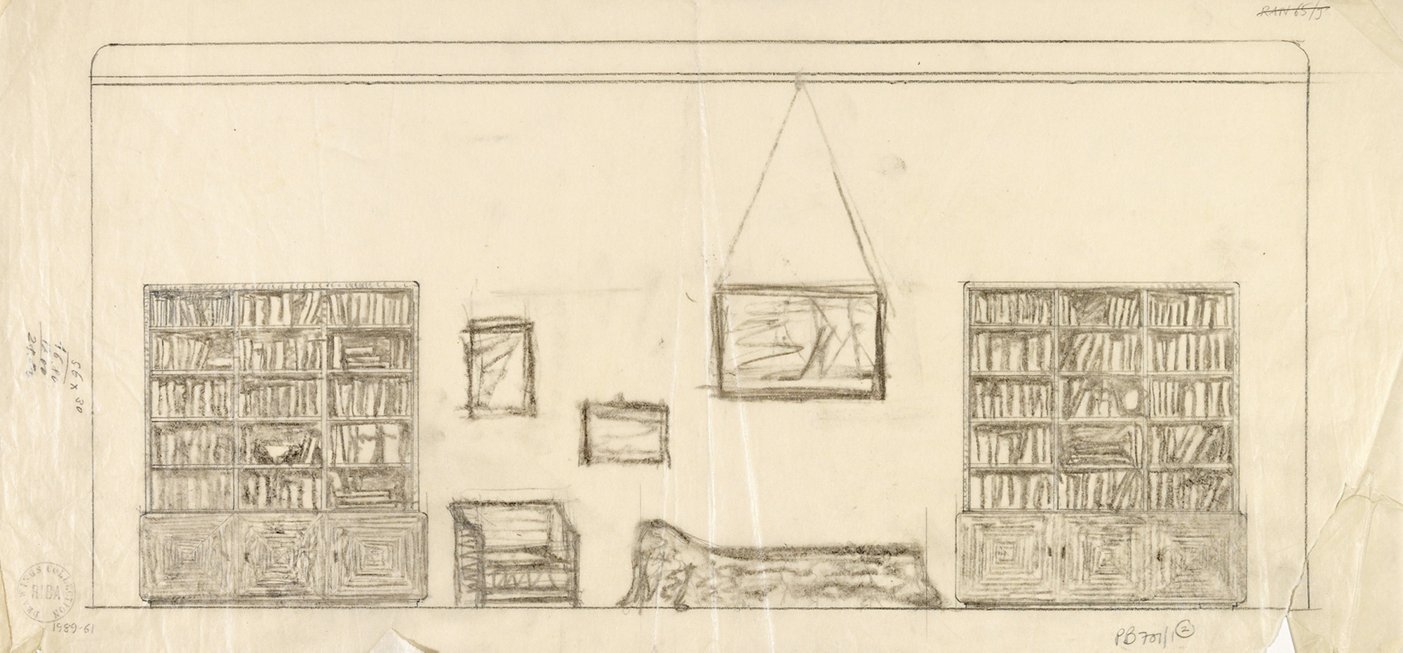 Undated sketch by Freud for consulting room with couch set between bookshelves, possibly for his father’s home in London.