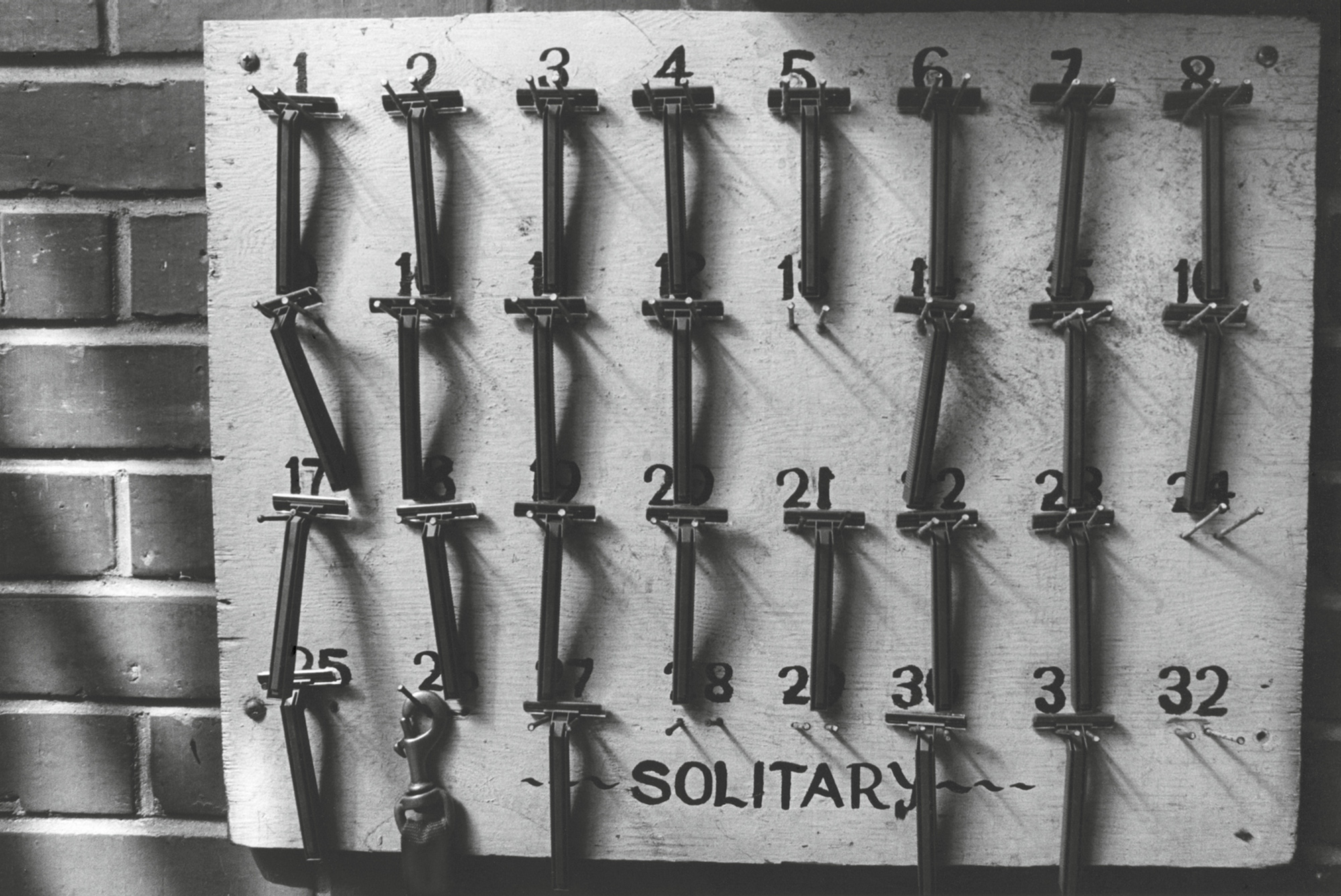 A nineteen ninety-nine photograph of razors belonging to prisoners on death row at Huntsville Unit, Texas.