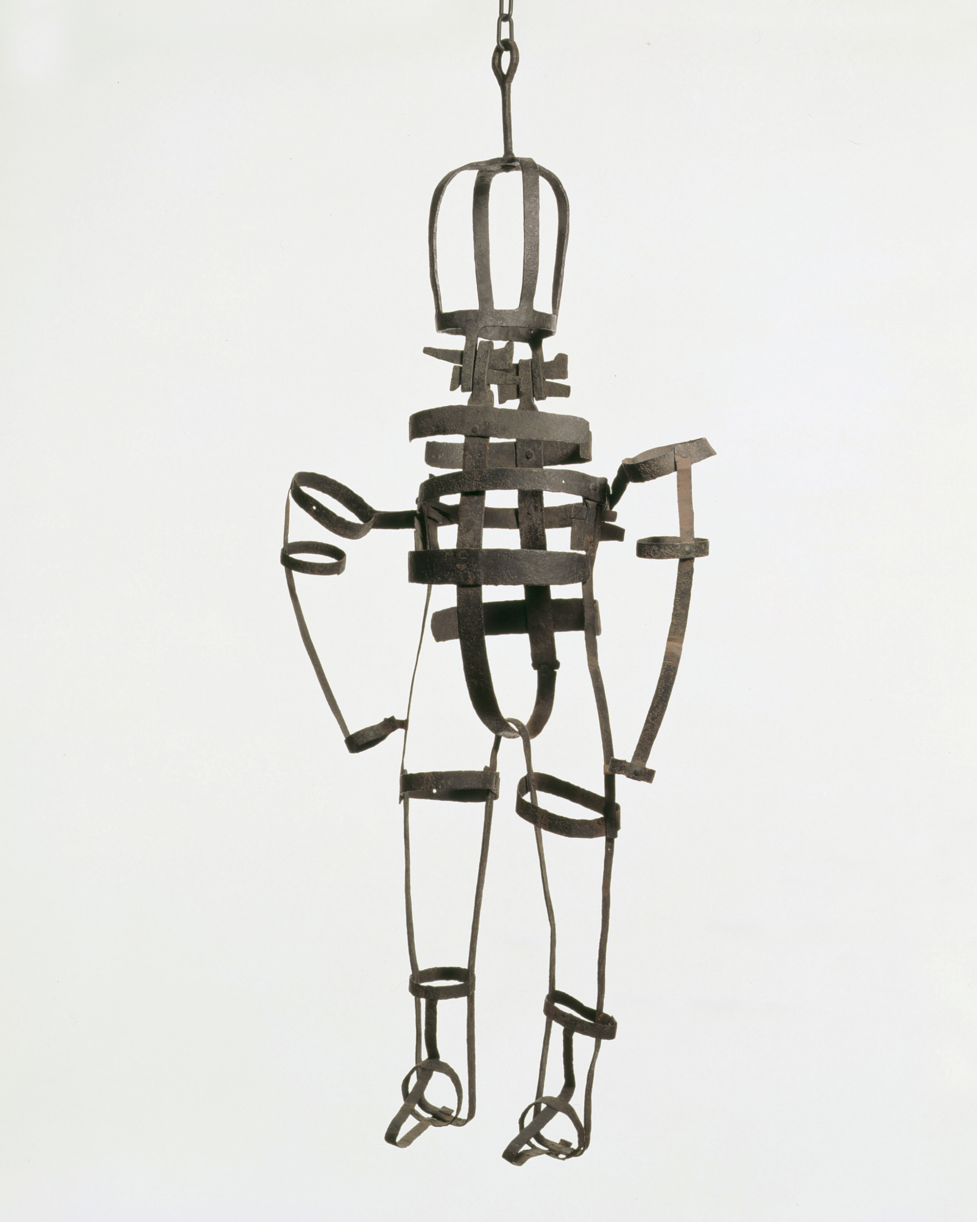 A gibbet iron from circa seventeen eighty. Gibbet irons were made for prisoners who were to be hanged; once dead, the prisoner’s body was put in the cage and hung on public display. This particular device was made in Philadelphia for the pirate Thomas Wilkinson, but he was ultimately pardoned. 