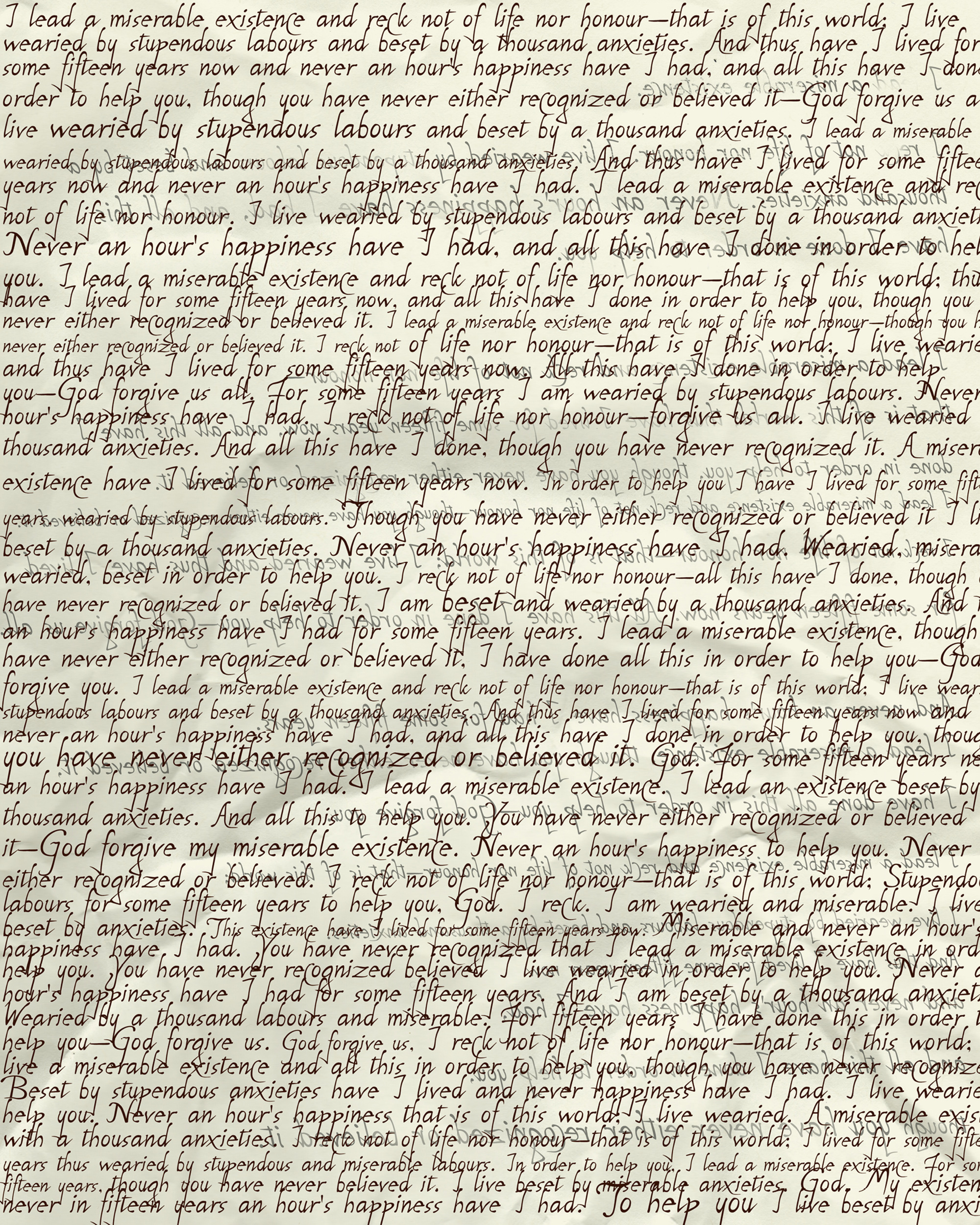 Lin plus Lam’s two thousand and twelve artwork titled “Giornate: lamenti di Michelangelo,” which looks like an overwritten letter. The text is appropriated from an October fifteen twelve letter that Michelangelo wrote to his father.