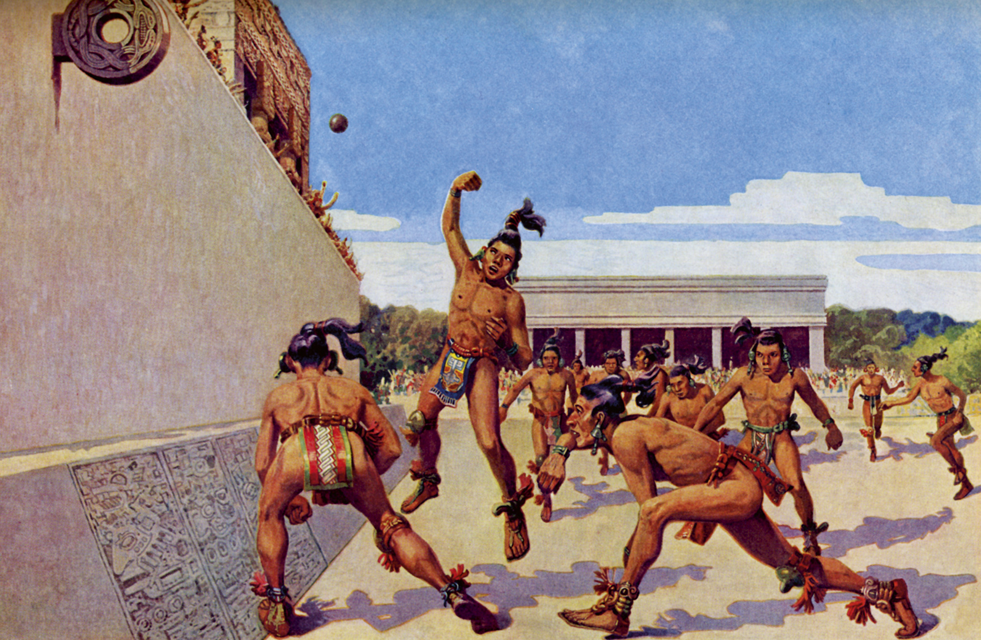 A nineteen thirty-six “National Geographic” illustration of the Mesoamerican ball game. 