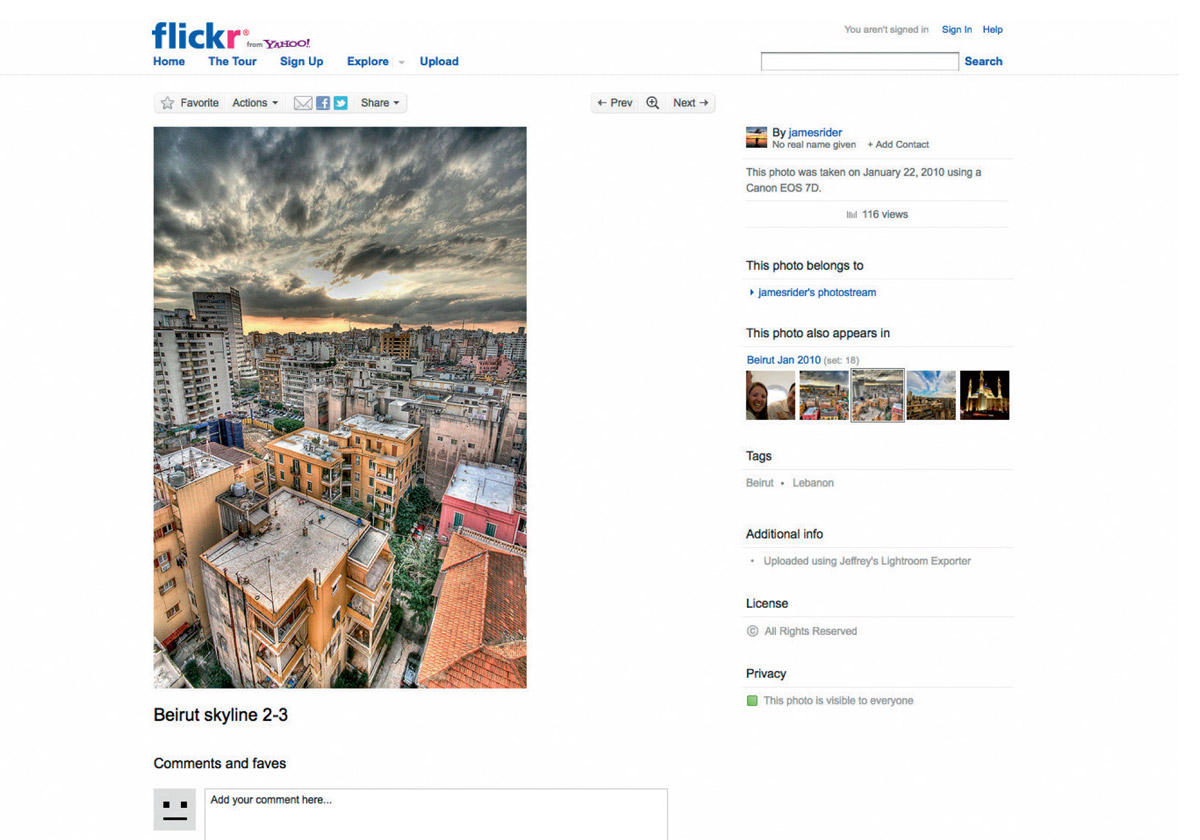 A screenshot of a photograph of the Beirut skyline on Flickr. 