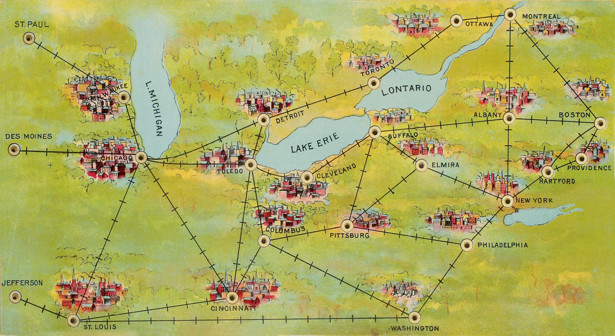 A diagram of different routes for traveling between towns and cities in proximity to the Great Lakes. By the late nineteenth century, the traveling salesman had become a significant figure in the cultural imagination. The basic problem of his life—an optimized tour of target towns—was sufficiently familiar and pressing to serve as the basis of a popular American board game. No general mathematical formulation of the TSP was available at the time, although several related problems (Leonhard Euler’s Bridges of Königsberg solution; William Hamilton’s Icosian) had laid the analytical groundwork for what would become the twentieth-century solution efforts. 