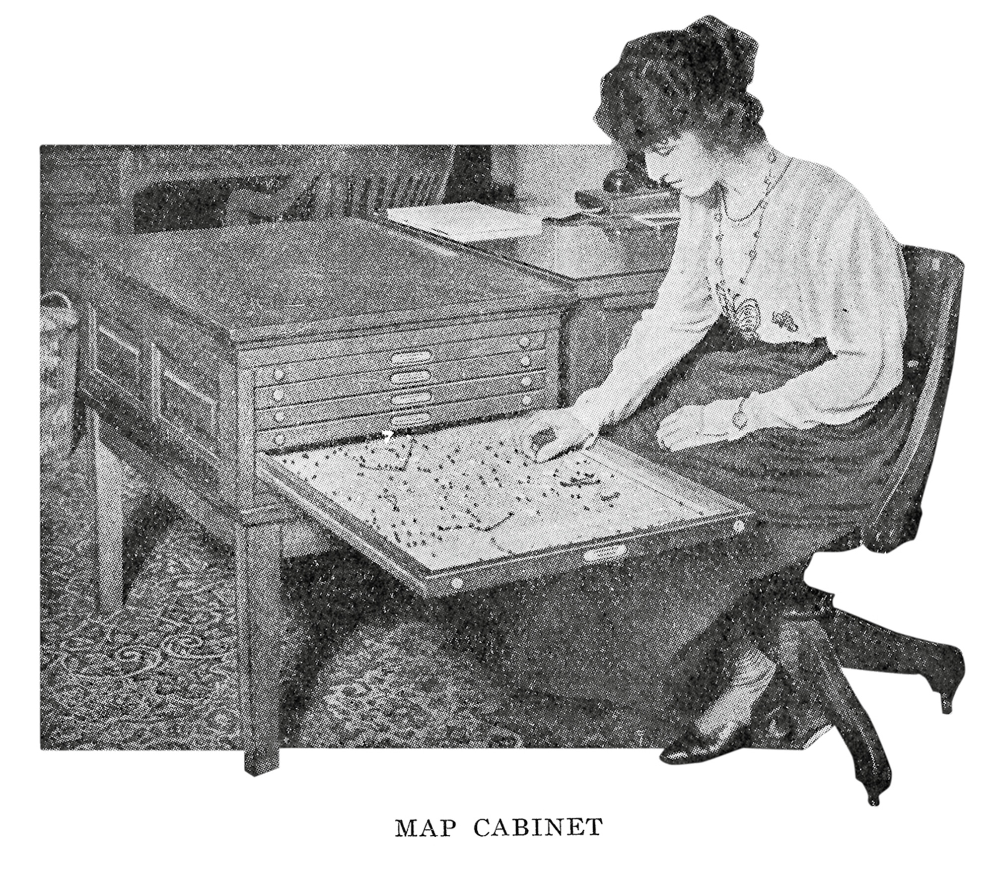 A photographic illustration of a secretary plotting something on a map contained in a map cabinet. By the nineteen twenties, the TSP was a sufficiently pressing problem for large companies that secretarial training could include instruction on route-optimization, and map cabinets with pin and string kits for circuit planning were available for office use. Such practical applications required thinking about real roads and actual overland distances (later, most mathematical versions of the problem optimized purely geometrical, straight-line paths).