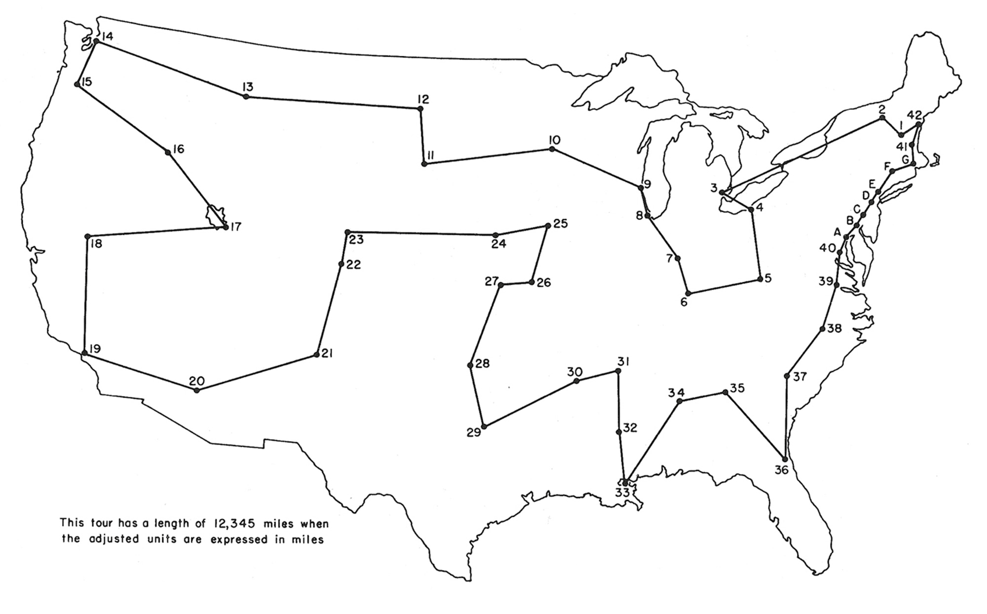 A map of the United States plotted with a 12,345 mile Traveling Salesman problem.