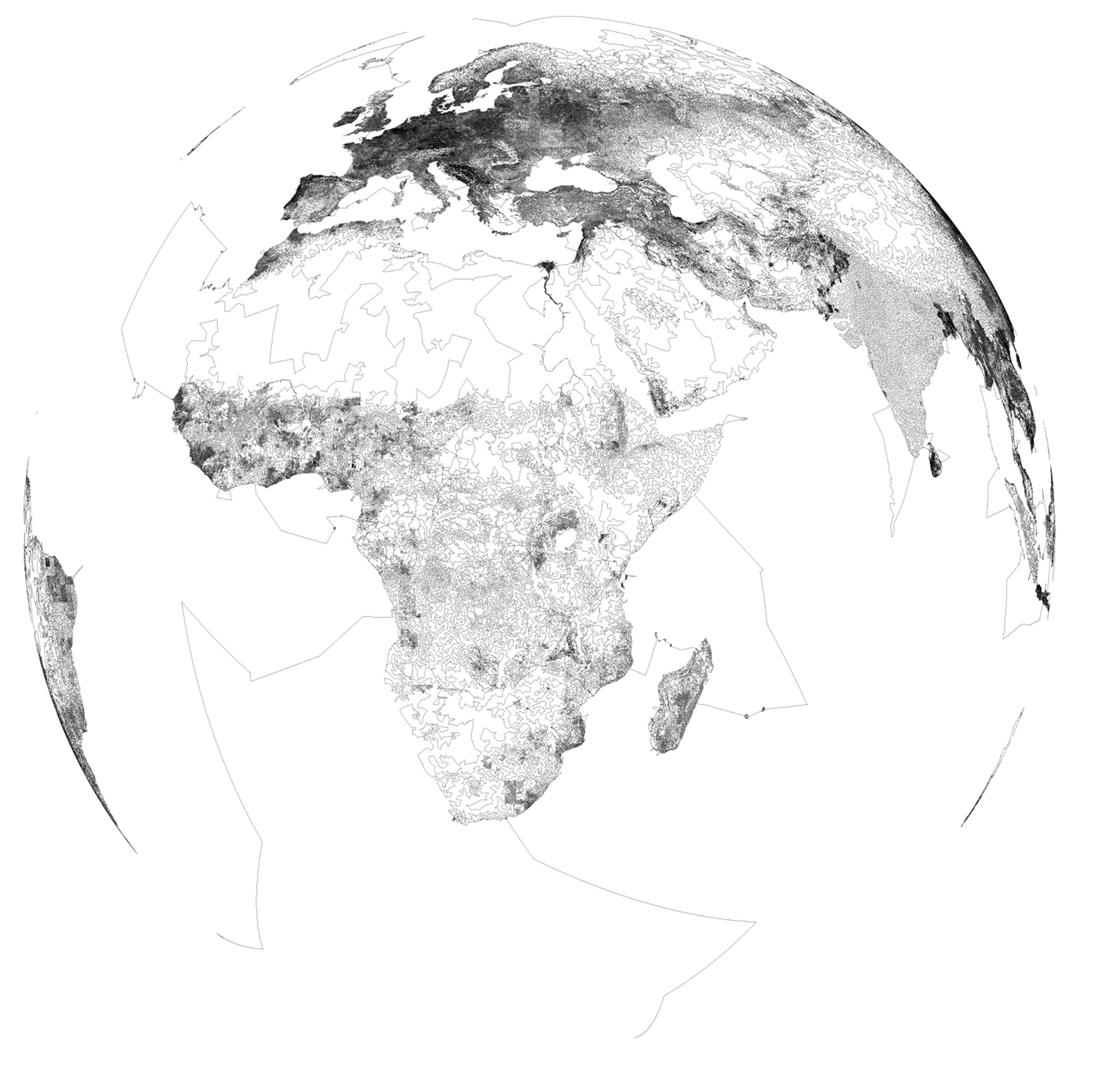 An illustration of the world as a TSP: a graphical representation of a tour of every point on the globe where the UN recognized human habitation in two thousand and one. This image represents a solution within one tenth of a percent of the optimum. (It is a peculiar and important feature of the TSP that the length of optimal circuits can be calculated exactly—even if the actual route itself is not known; right answers are thus quickly and easily verified.) Work on this particular global data set has been more or less continuous across the last decade, and the current best routes are in the neighborhood of 7,514,000,000 meters.