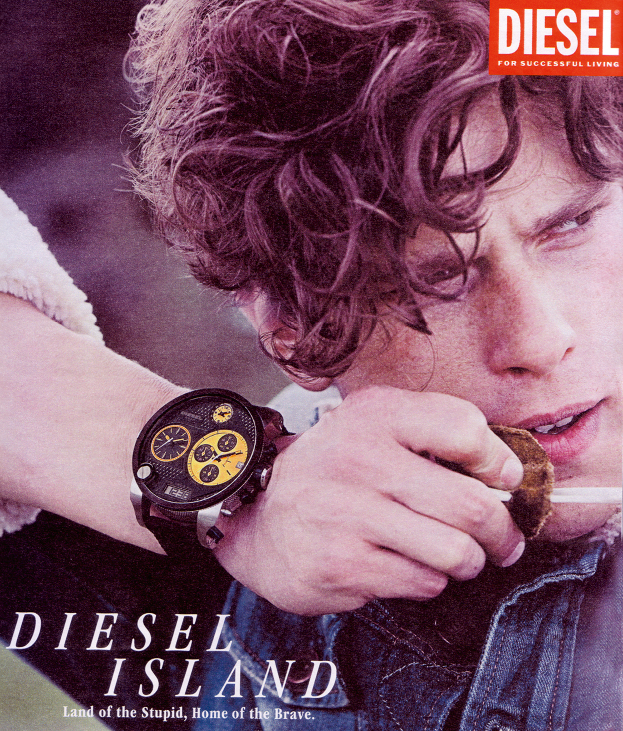 An advertisement for Diesel Island depicting an archer in jean jacket with a big yellow watch.