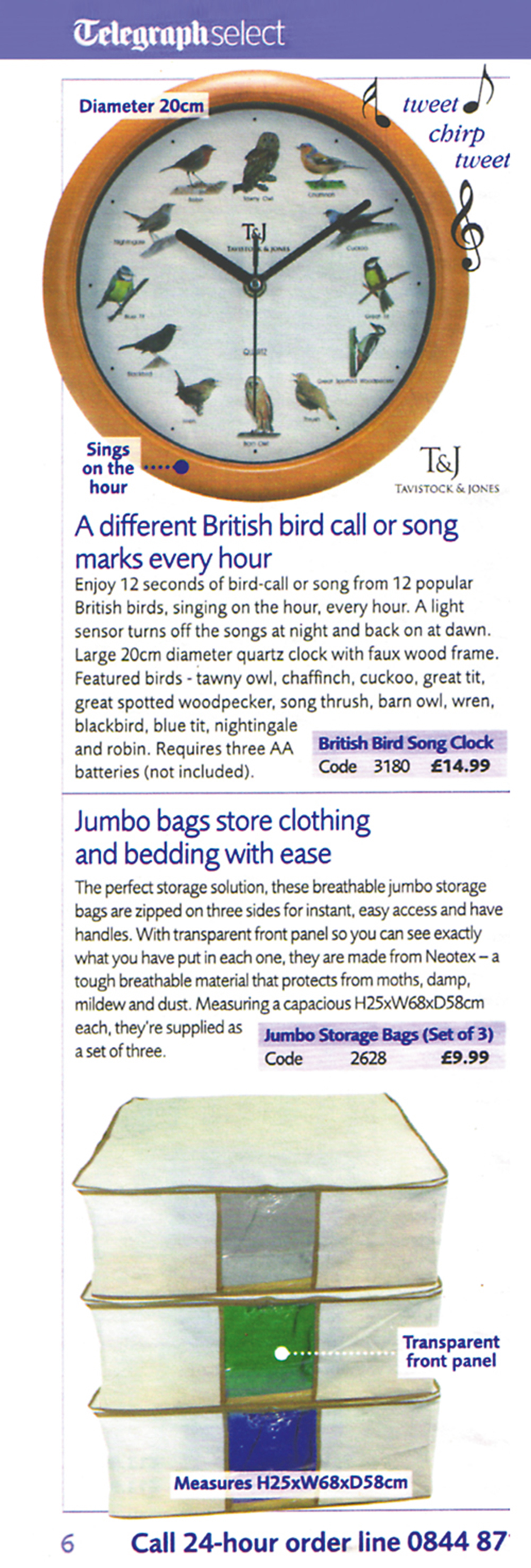 An advertisement for a clock that plays bird sounds and songs.