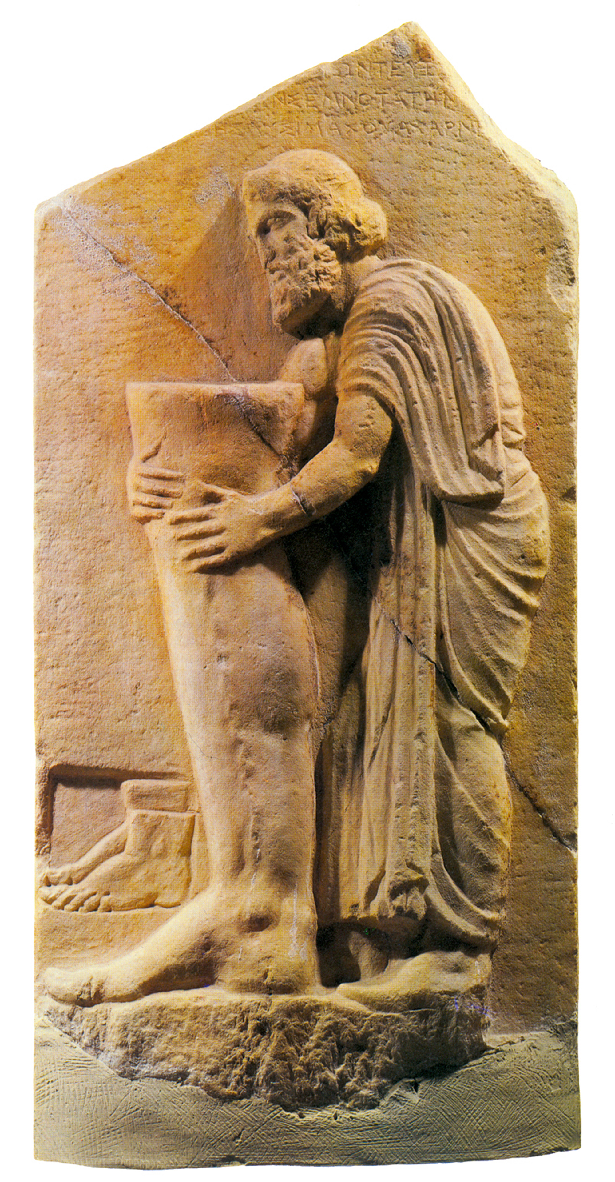 A photograph of a marble relief of man dedicating a votive leg in gratitude for being cured of varicose veins, circa 325 to 300 BC.