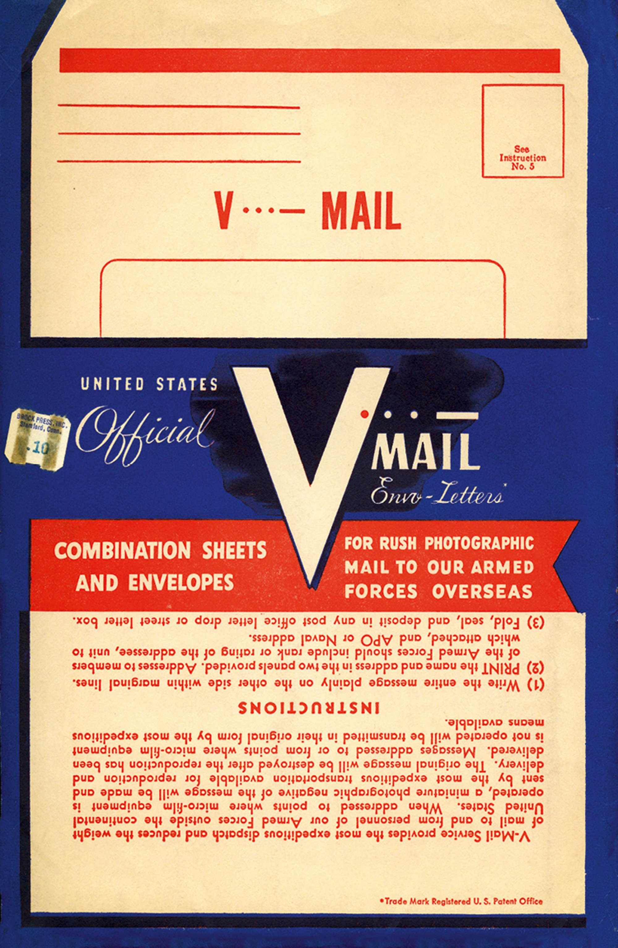 Patriotic packaging for V-Mail, a special stationery and envelope system created during World War II for correspondence between the US and overseas military personnel.