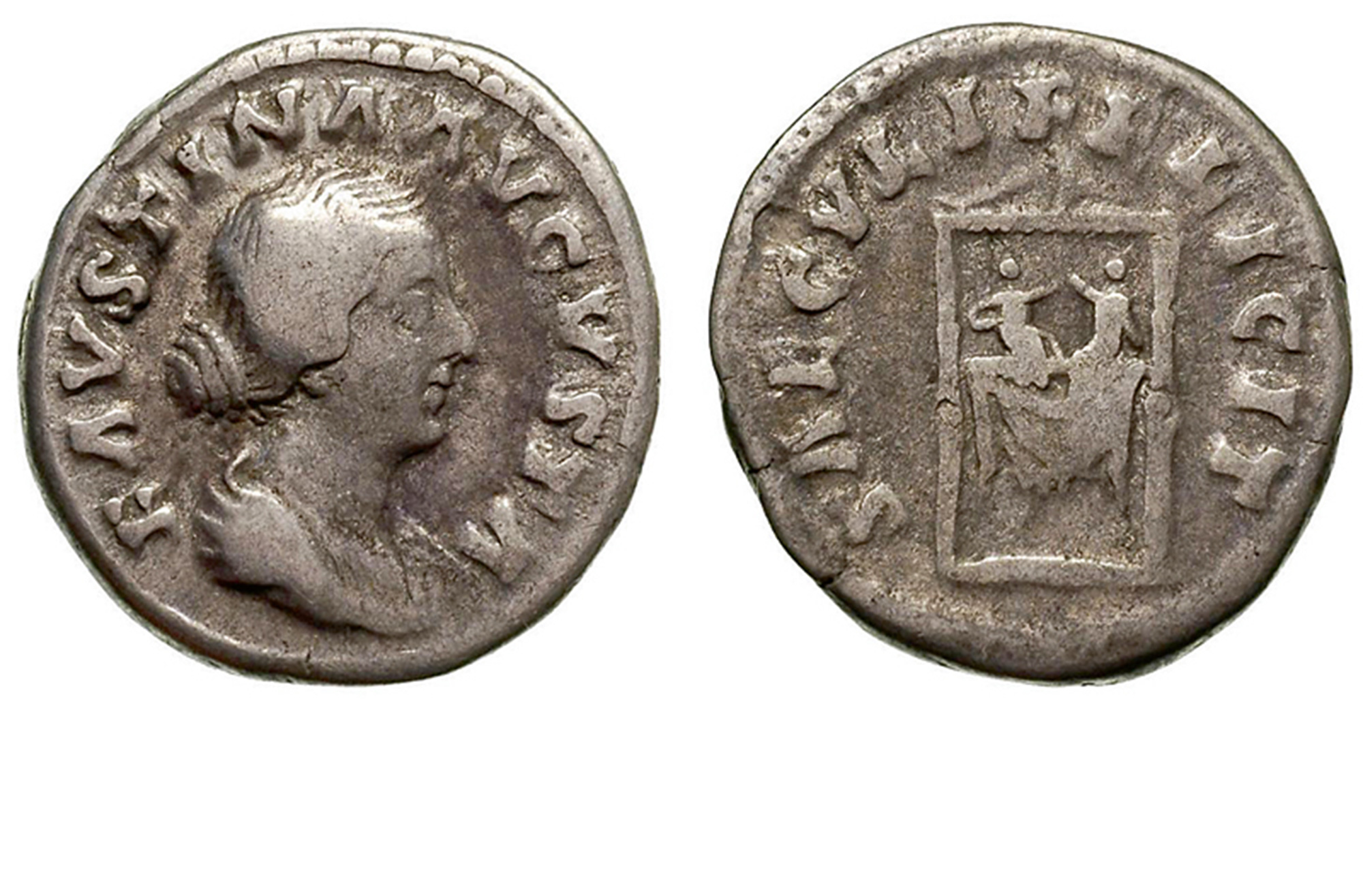 Photographs of the front and back of a Roman coin, circa one hundred sixty-one one hundred seventy, which commemorates the birth of Faustina the Younger’s twin sons Commodus and Fulvus Antoninus.