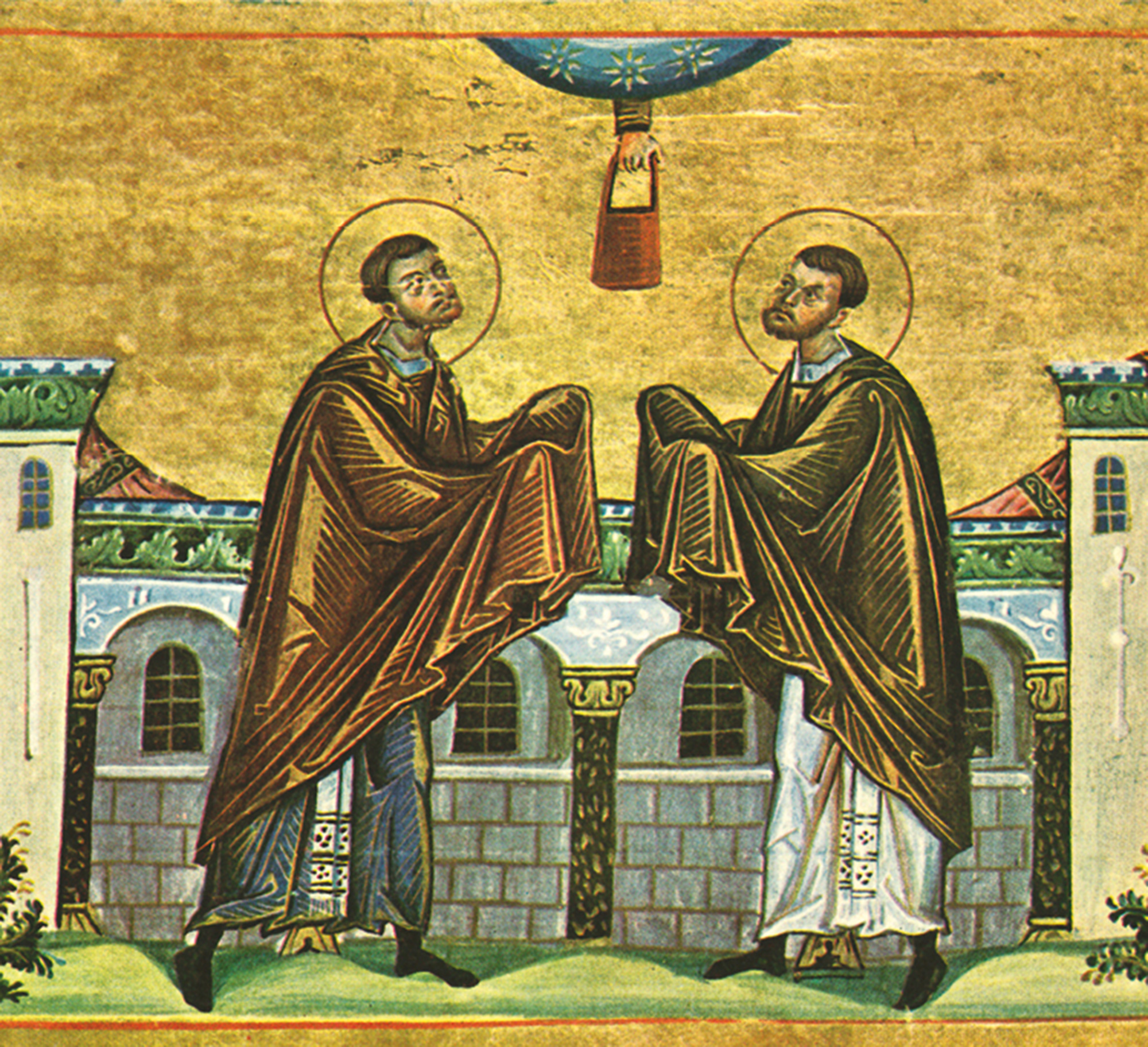 An illustration of the Cosmas and Damian receiving the gift of healing. From the Byzantine manuscript Menologion of Basil 2, after nine seventy-nine CE.