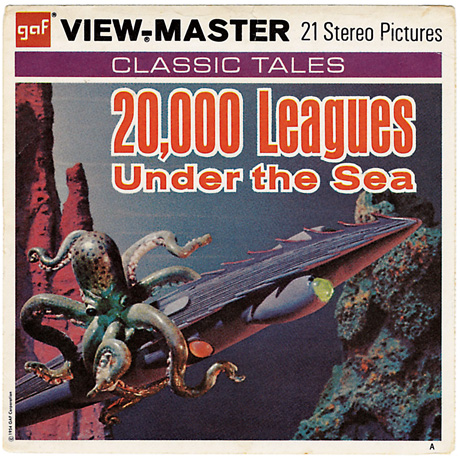 The cover of Gaf View-Master’s “20,000 Leagues Under the Sea” in the classic tales series. It shows an octopus wrestling the Nautilus vessel.