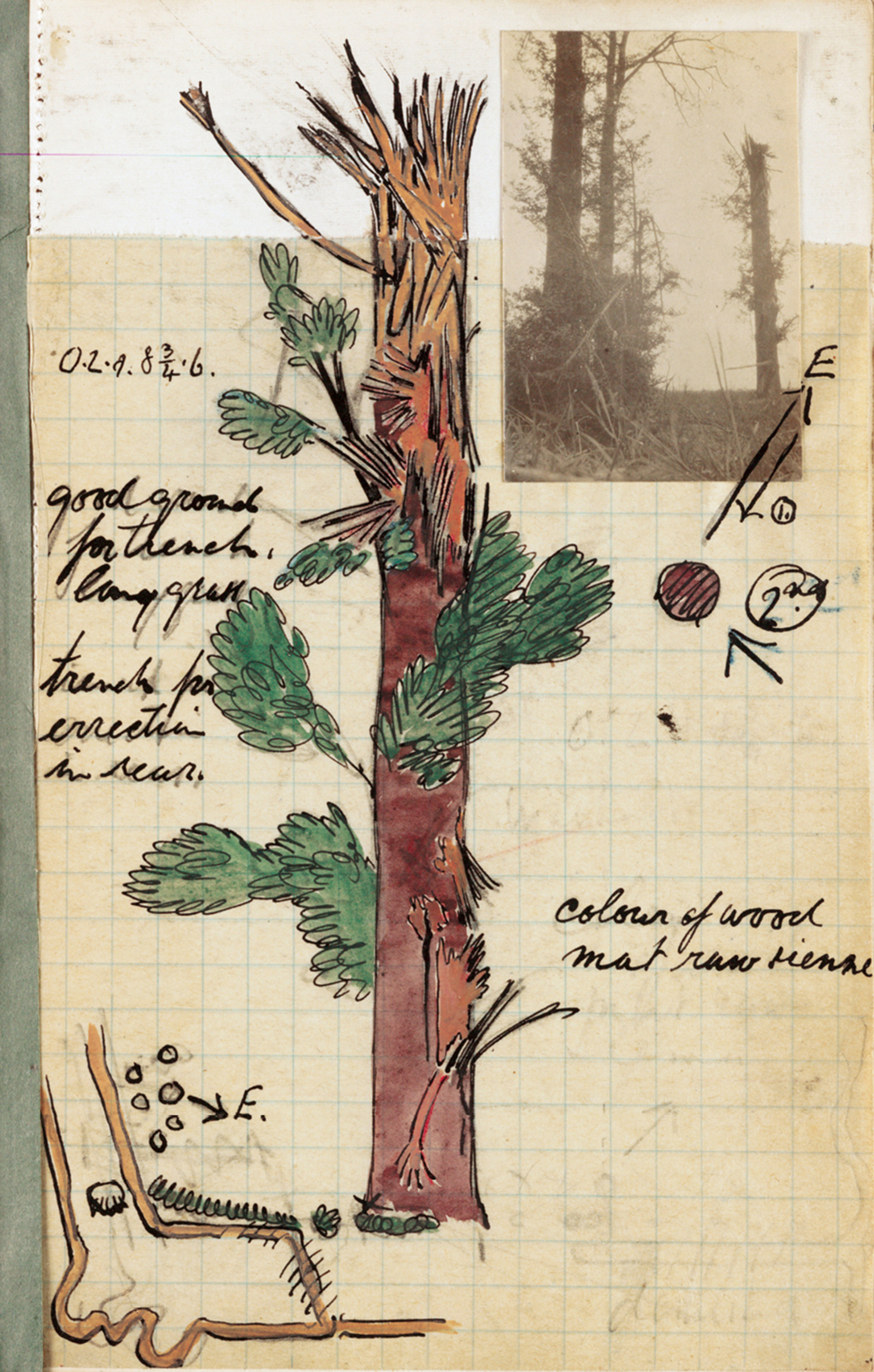 Drawing with collaged photograph from Leon Underwood’s notebook showing details of a tree that would later serve as the model for a camouflage observation post. The arrowed E indicates the enemy’s view of the tree. All images this page courtesy Imperial War Museum, London.