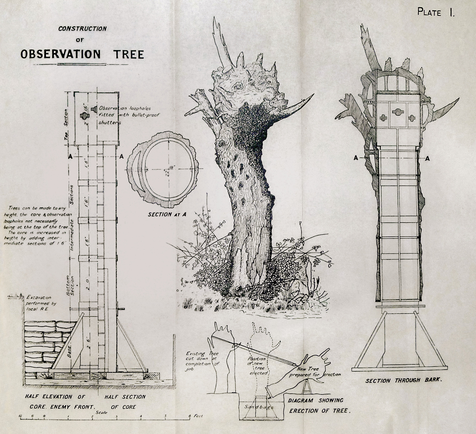 British Royal Engineers’ plans showing the construction of an observation tree. Note the pivoted pulley system used to haul the tree into position. Courtesy the Royal Engineers Museum Library and Archive.