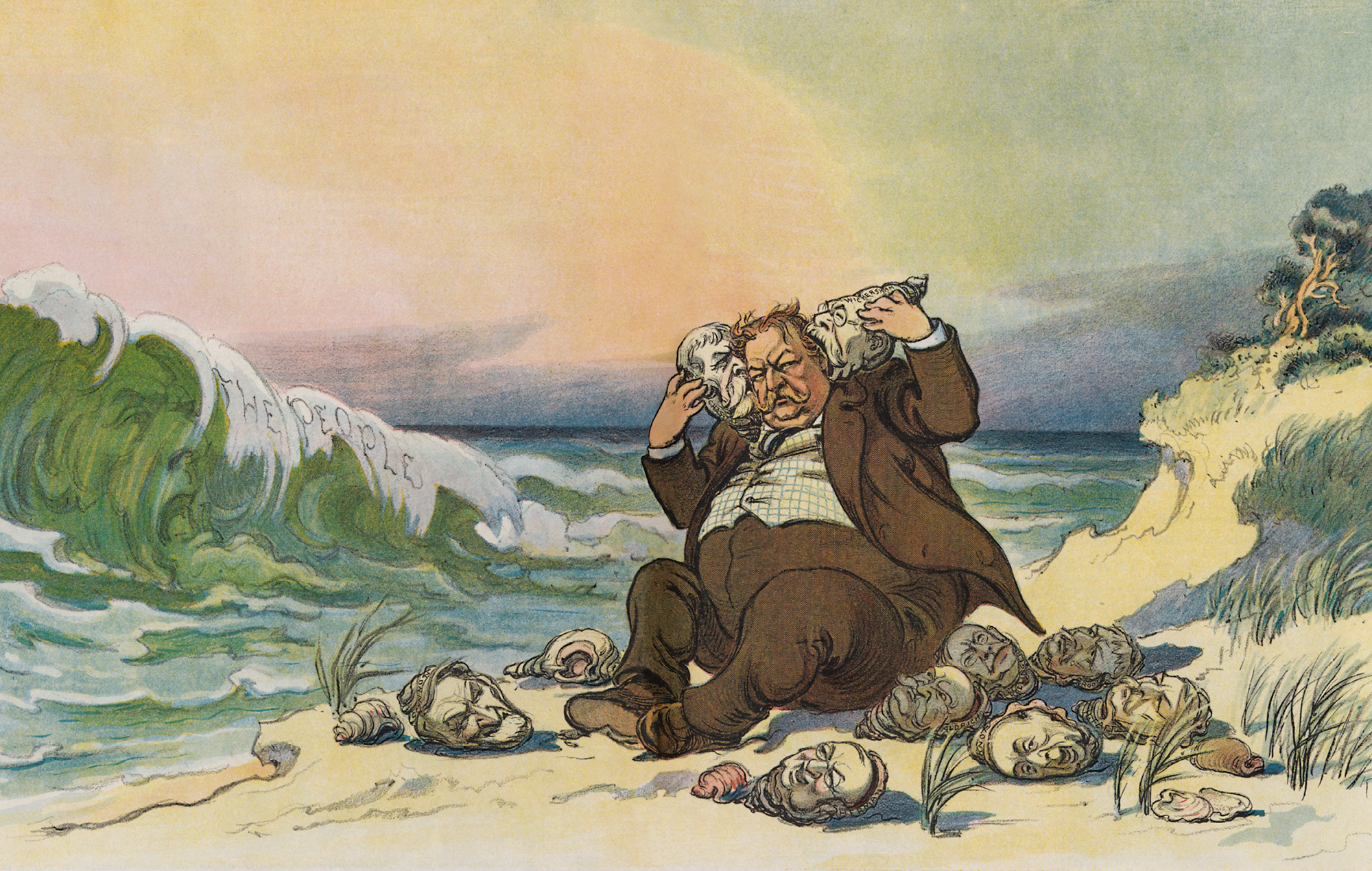 A political cartoon from nineteen ten depicting President Taft listening to various seashells representing prominent political figures rather than to the unmediated voice of “the people,” symbolized by the ocean. The accompanying caption read: “Shells give a good imitation; but, just for a change, why not listen to the real thing?”