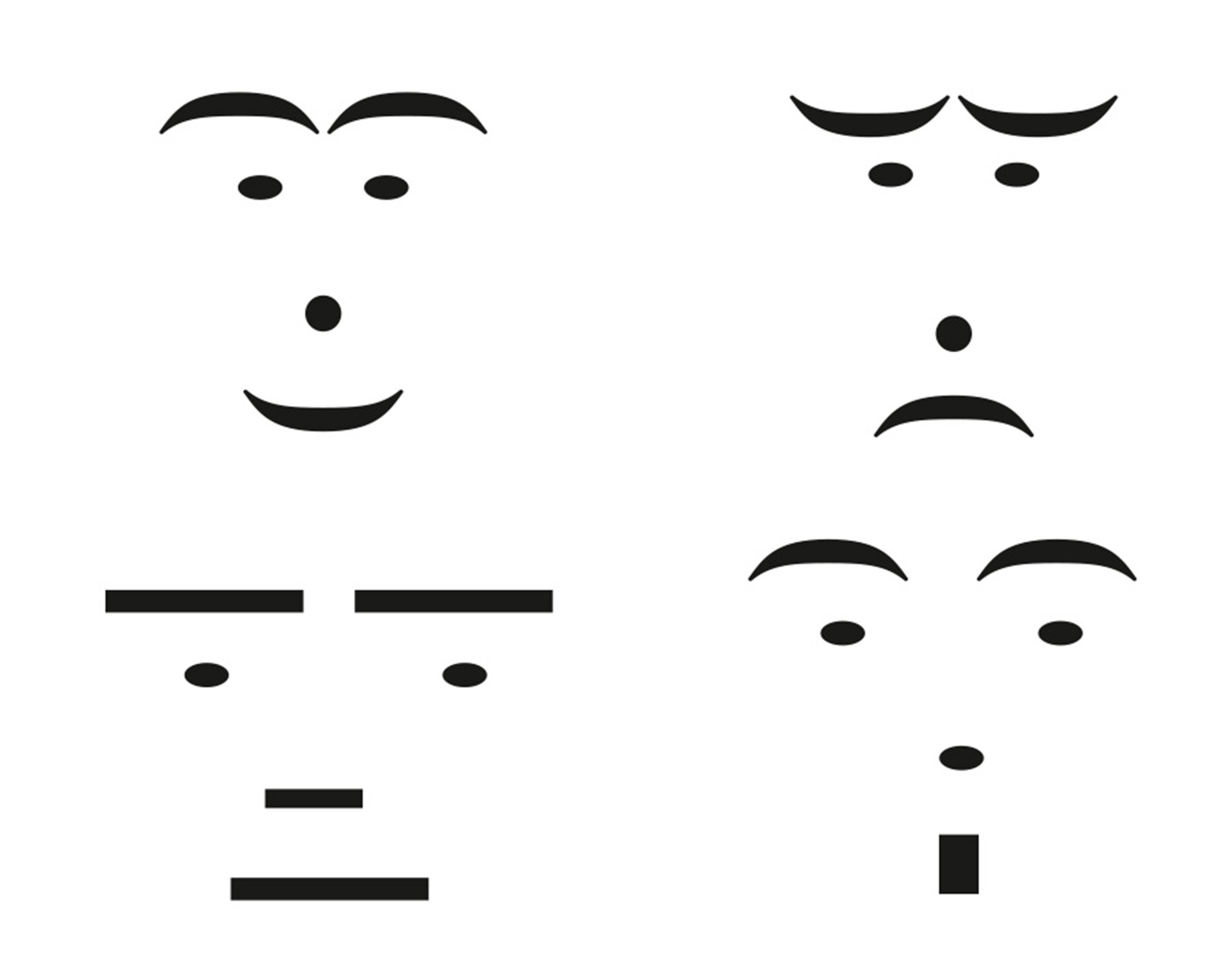 An eighteen eighty-one illustration of early emoticons courtesy of Puck magazine. The emoticons depict Joy, Melancholy, Indifference, and Astonishment.