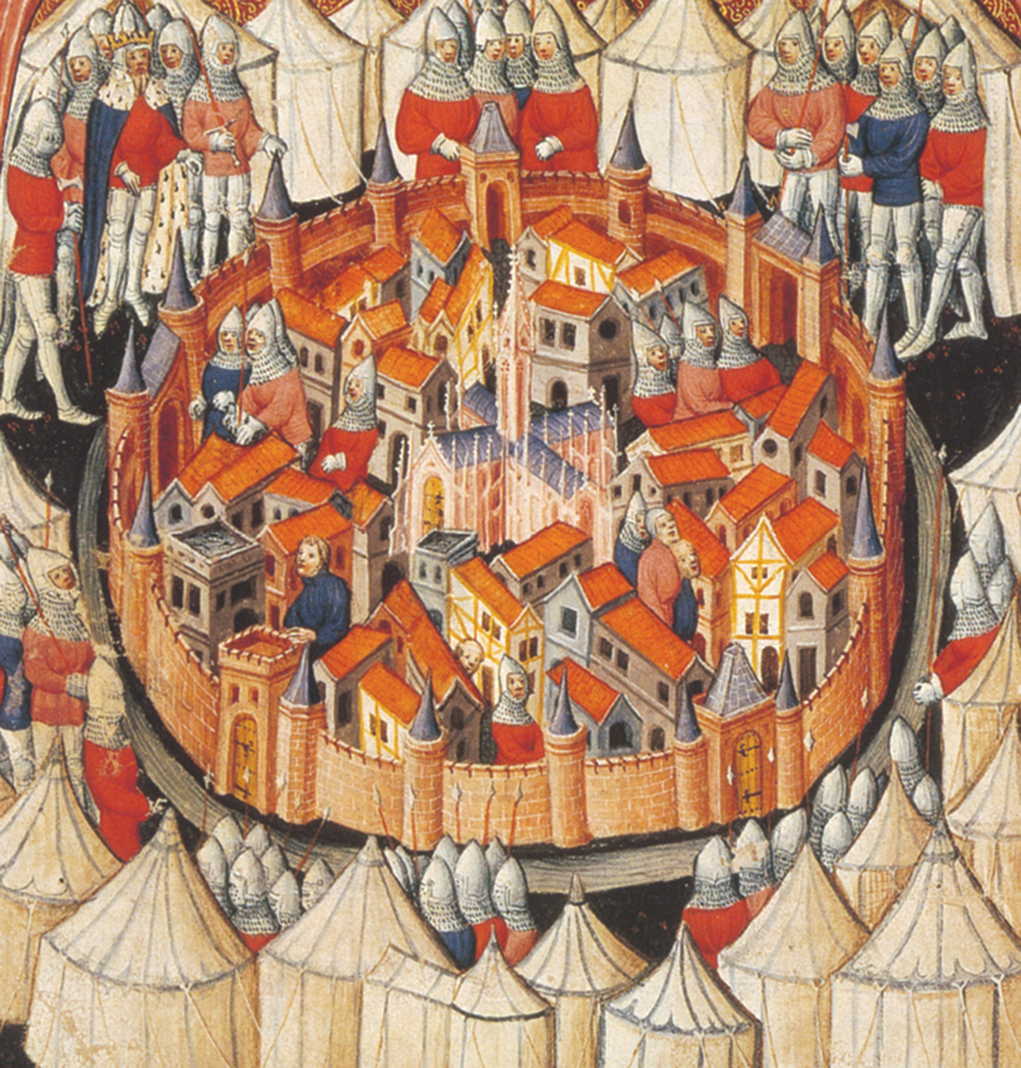 A detail from an early fifteenth-century illuminated manuscript depicting Jerusalem as a walled city besieged by crusaders. 