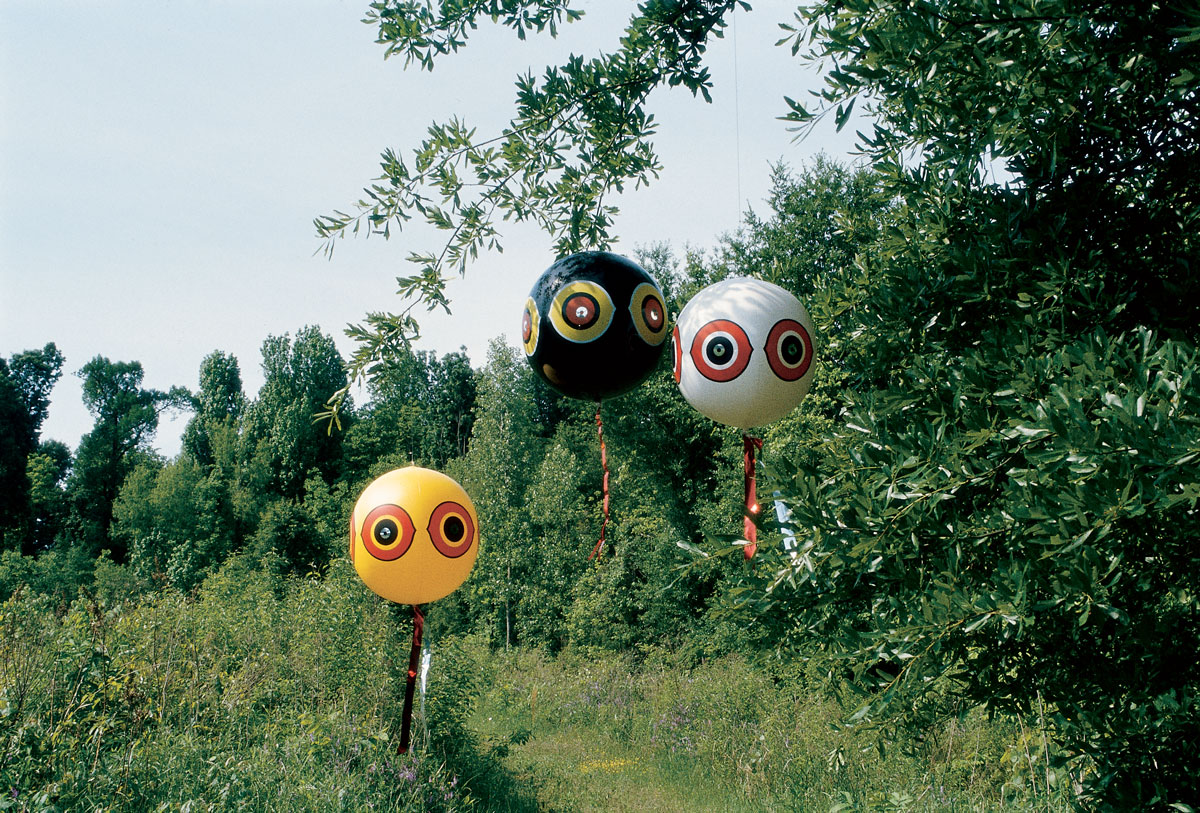 A photograph of Evil Eye Balloons developed for Reed-Joseph International’s Scare-Away System for frightening birds.