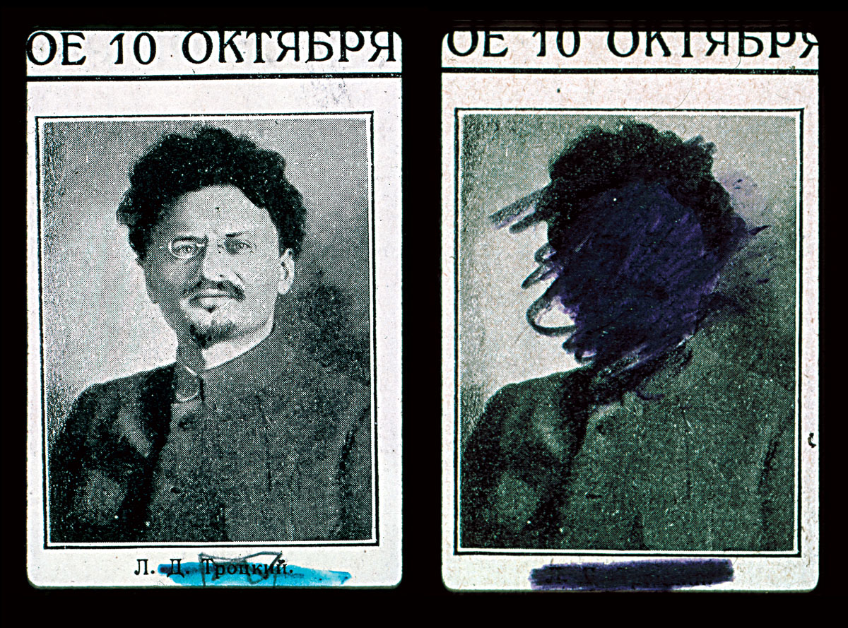 Two photographs of Leon Trotsky from a 1927 album “Ten Years of Soviet Power.” In the image on the left, Trotsky is visible. The image on the right is from a defaced copy of the book found by David King at a Moscow bookstore. It is unknown who defaced the book. Photos courtesy David King Collection.