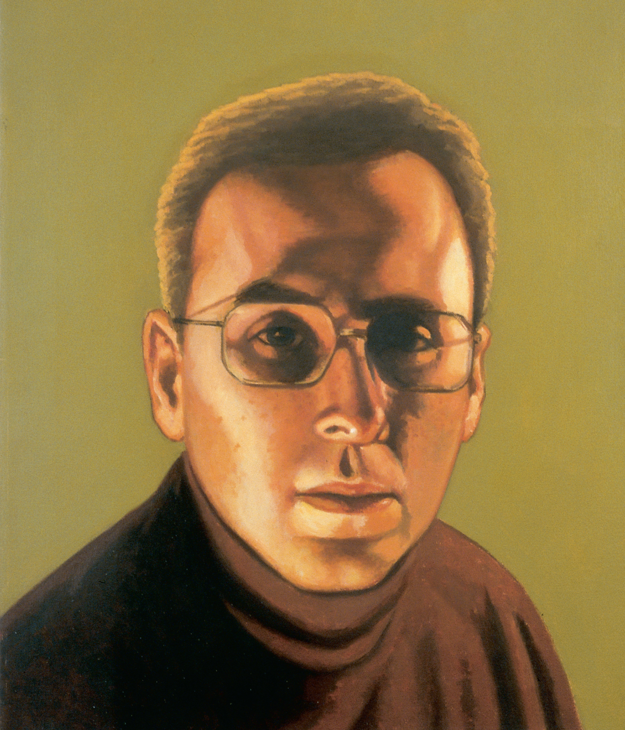 A 2001 painting by Peter Rostovsky entitled “I work for a government agency. I work hard; can’t tell you that much. I’m slim and muscular. I run. I read lots. Sandy hair, freckles. Team player. Tennis champ. Blue eyes. I pack a small .38. It’s personal. I write long reports into the night, and now must wear glasses.”