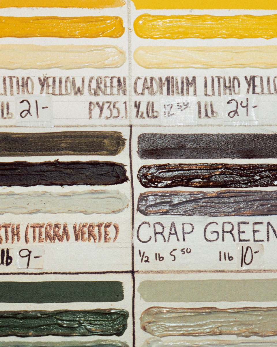 A photograph of details of a color chart at Guerra Paint and Pigment.