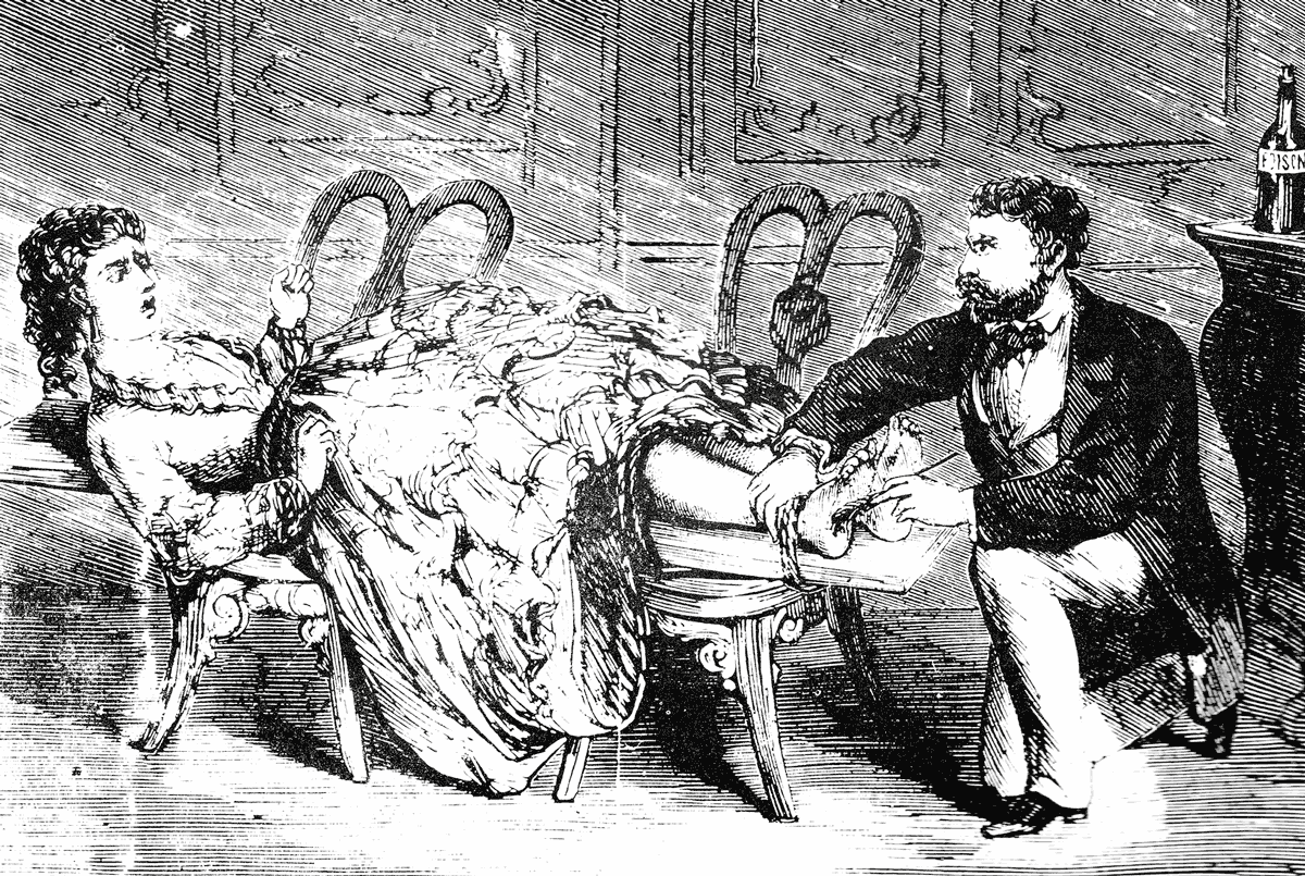 Image accompanying a news item in Illustrated Police News, 11 December 1869, recounting the story of a young wife whose husband, one Michael Puckridge, claimed that he had a cure for her varicose veins. “Induced … to allow herself to be tied to a plank,” she found that her spouse had instead devised a plan “of a harrowing nature,” namely to tickle her into insanity. The plan worked; according to the newspaper, she was institutionalized as a result of her husband’s diabolical featherwork.
