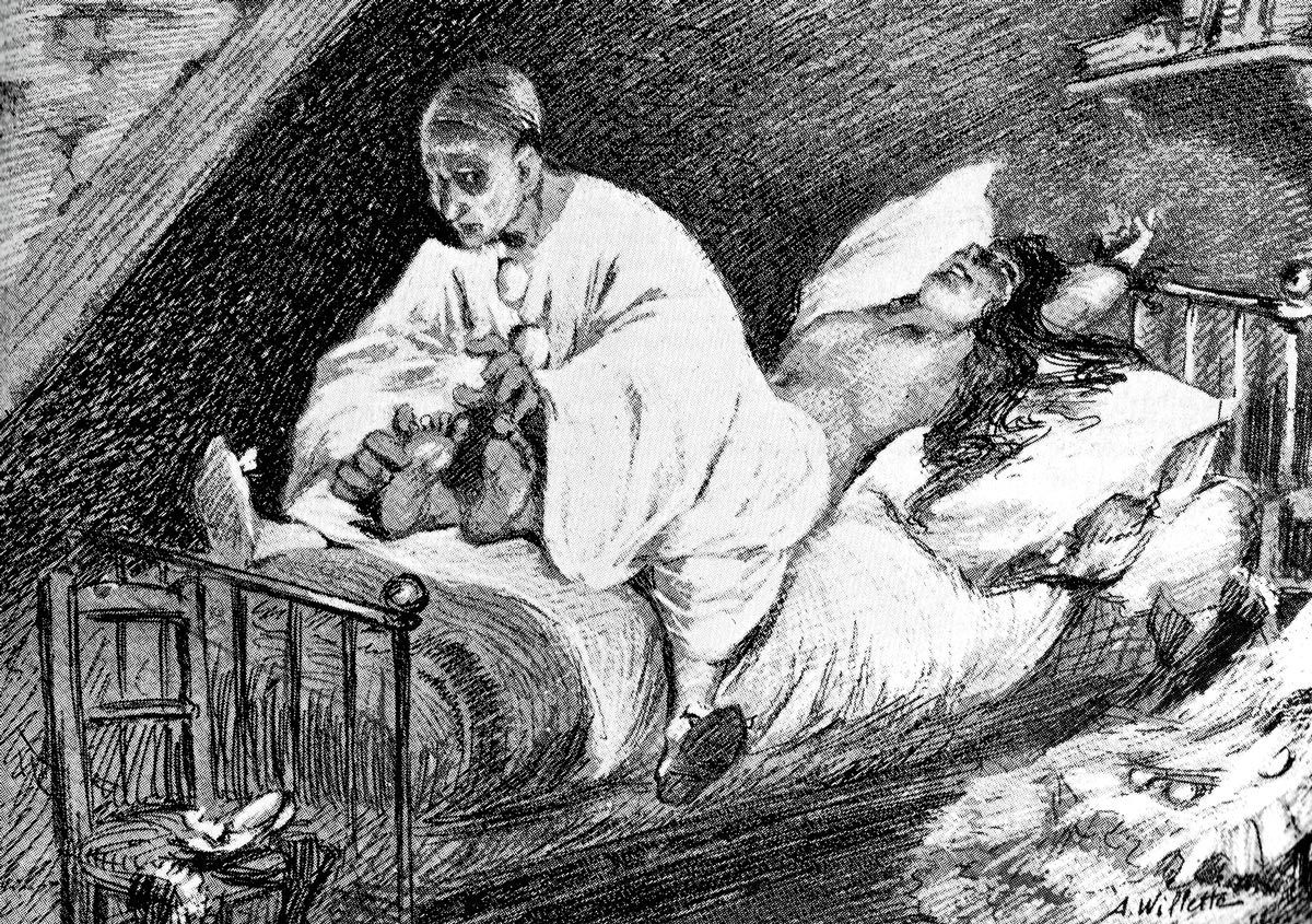 Adolphe Willette’s illustration of Pierrot tickling his wife Columbine to death published in his weekly journal Le Pierrot, 7 December 1888.