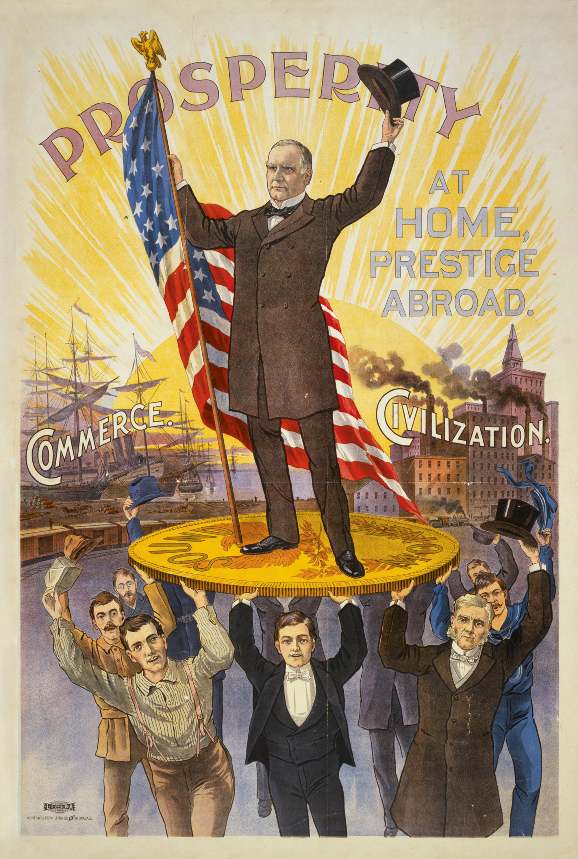 A poster for gold-standard advocate William McKinley’s eighteen ninety-six presidential campaign. The image depicts the candidate holding the US flag and standing on a gold coin labeled “sound money.”