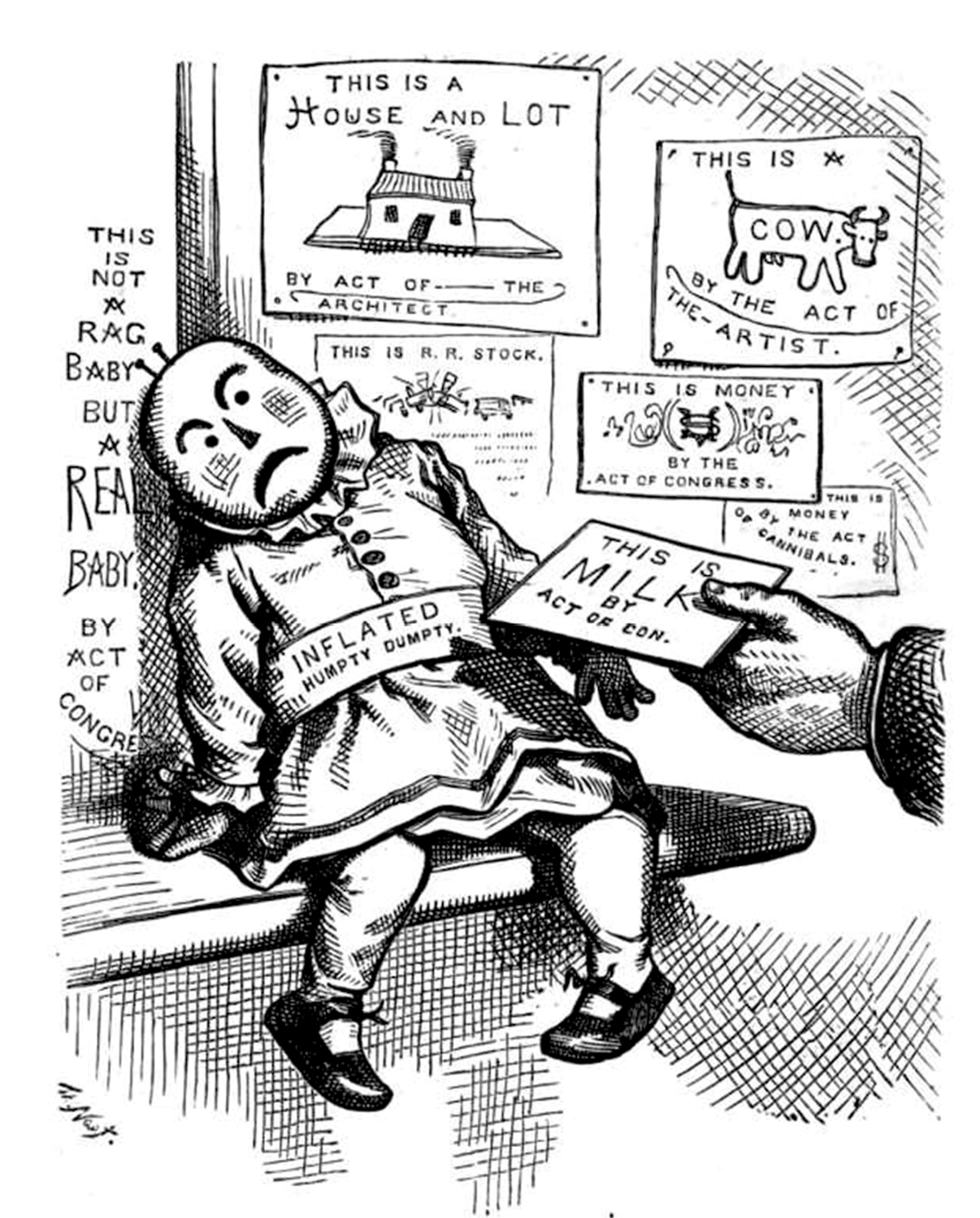 A circa eighteen seventy-six illustration titled “Milk Tickets for Babies, In Place of Milk” by Thomas Nast for David Wells’s book titled “Robinson Crusoe’s Money,” a critique of the paper money inflation caused by the Civil War.