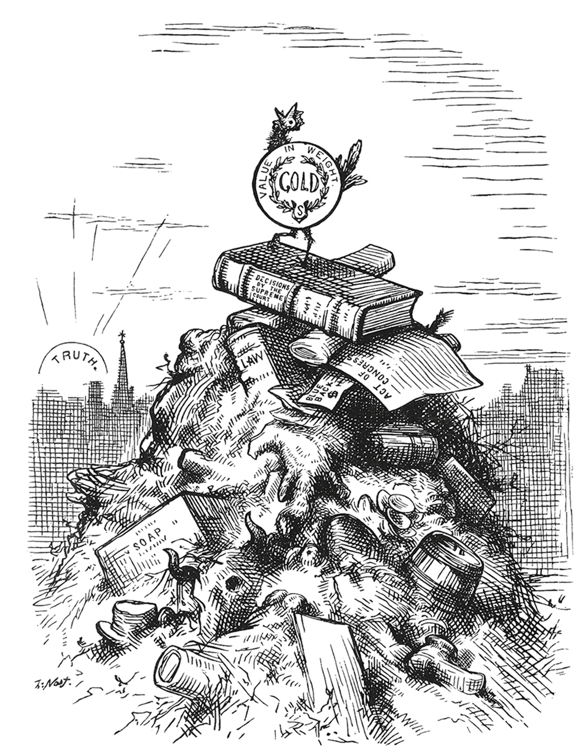 Thomas Nast’s illustration titled “Survival of the Fittest,” the cover for David Wells’s “Robinson Crusoe’s Money.”