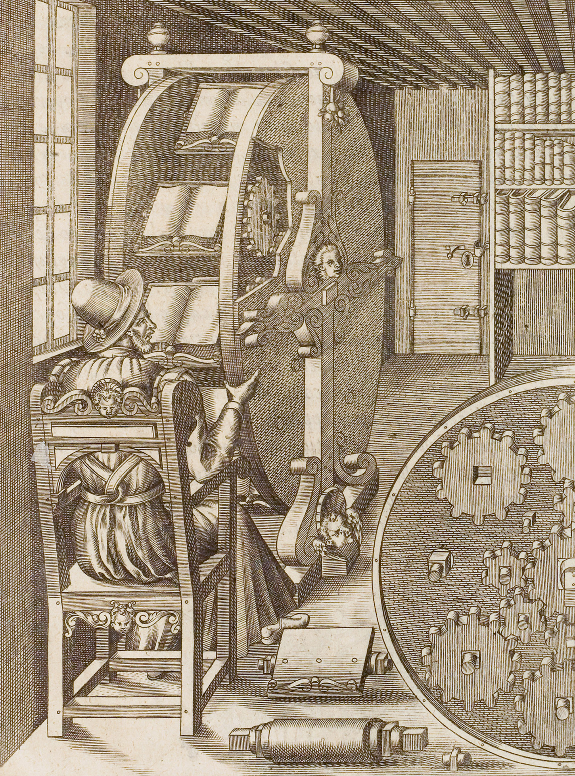 An illustration of the Ramelli wheel from Agostino Ramelli’s fifteen eighty-eight treatise titled “Le diverse et artificiose machine.”