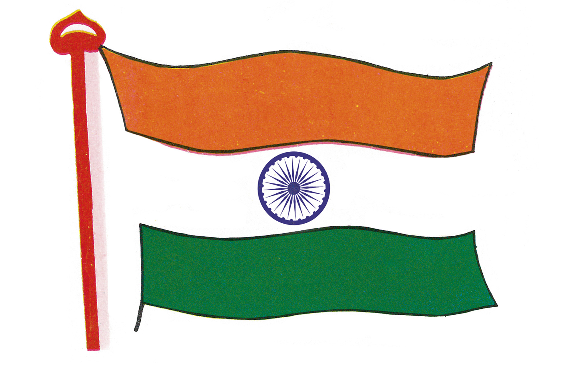 An illustration of the Indian flag with a chakra at its center. 