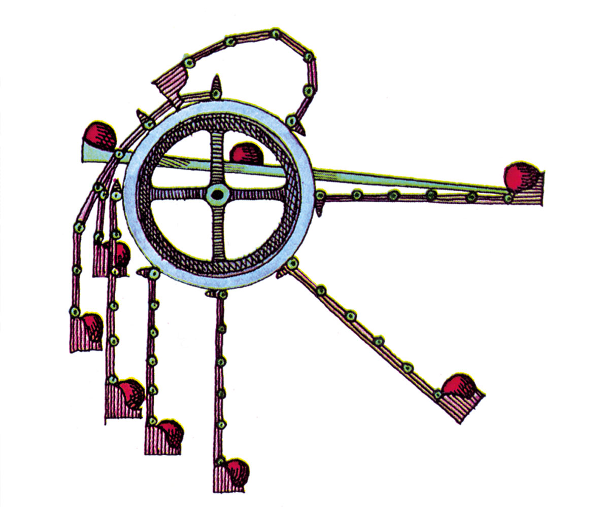 This overbalanced wheel, designed in the nineteenth century by British mechanist George Linton, is a variant on an idea first proposed in the thirteenth century by Frenchman Villard de Honnecourt. Here, the long hinged arms, A, fall out straight to receive a ball rolling down a trough to B. The leverage of the arm was intended to unbalance the wheel, which would rotate and carry the arm to the bottom, The arm would then ascend, fold, and deposit its ball at C. In reality, the wheel is balanced, since the arms and balls at the left offset the leverage on the right.