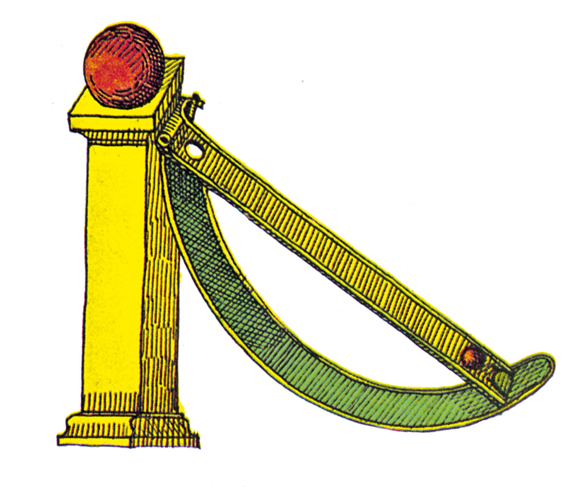 Not all perpetual motion machines rely on wheels. This design, discussed by John Wilkins in his Mathematical Magick (1648), uses a large magnetic lodestone, A, to pull an iron ball, B, up the incline, C. Arriving at the hole, D, the ball was to drop through, run down the trough, E, and out a trap door, F, ready to be drawn up again. The defect here, as Wilkins points out, is that a magnet strong enough to pull the ball up the plane would be too strong to let it drop through the hole again.