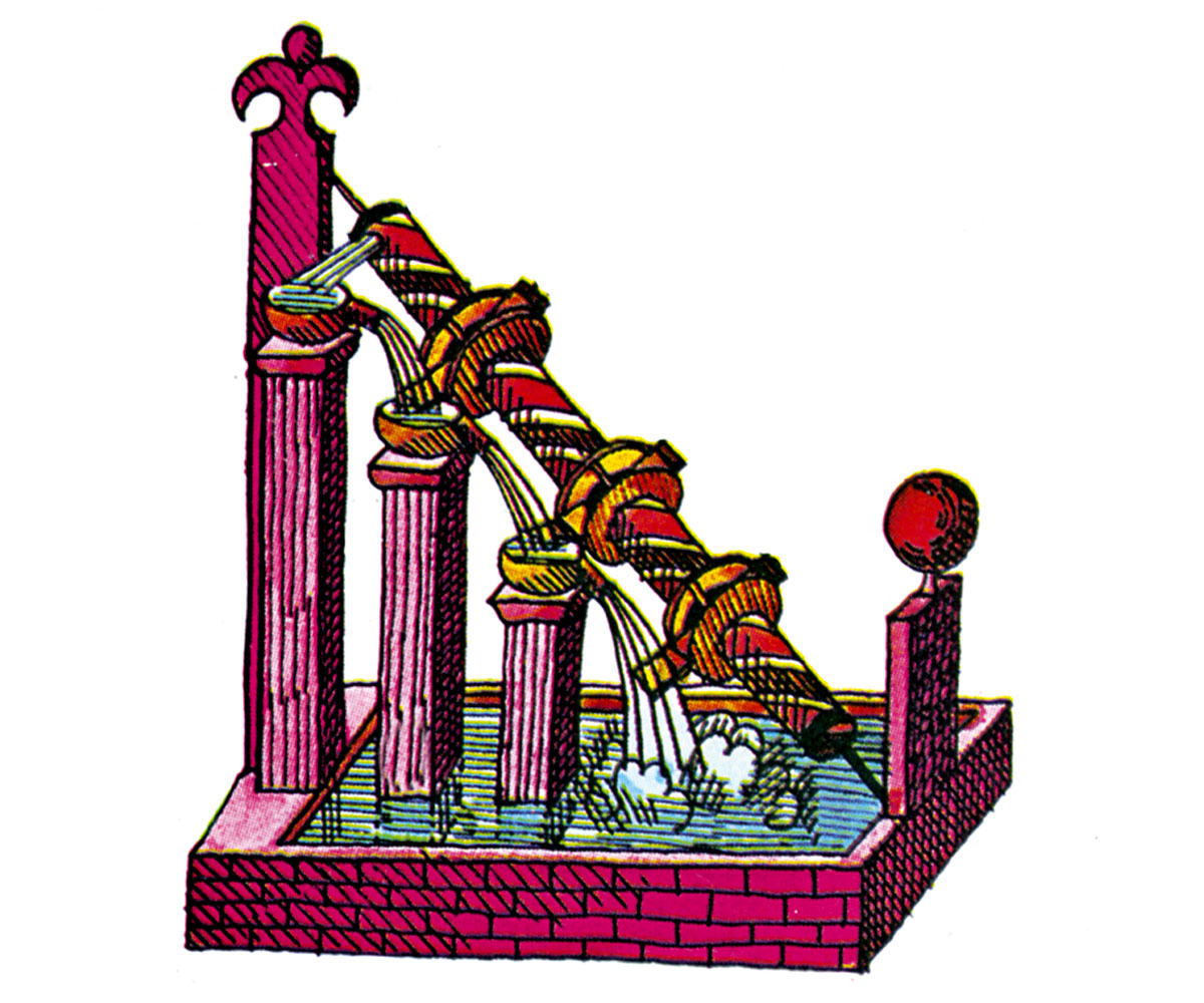 This device, proposed and then rejected as unworkable by John Wilkins in Mathematical Magick, is a “self-running” water wheel. Tube A, containing a spiral Archimedean screw, raises water when rotated. The water flows from the top into bowls, B, C, D, and onto paddles, E, F, G, attached to the cylinder to keep it turning. One difficulty with the scheme is that part of the energy of the falling water is spent overcoming the resistance of the bearings in which the cylinder turns.