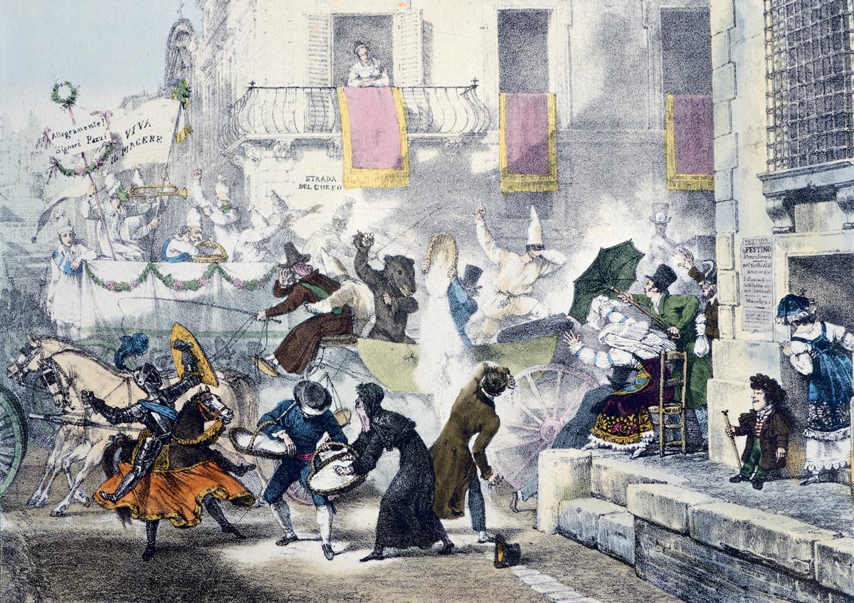 Antoine-Jean-Baptiste Thomas’s eighteen twenty-three lithograph depicting the throwing of confetti during Carnevale in Rome.
