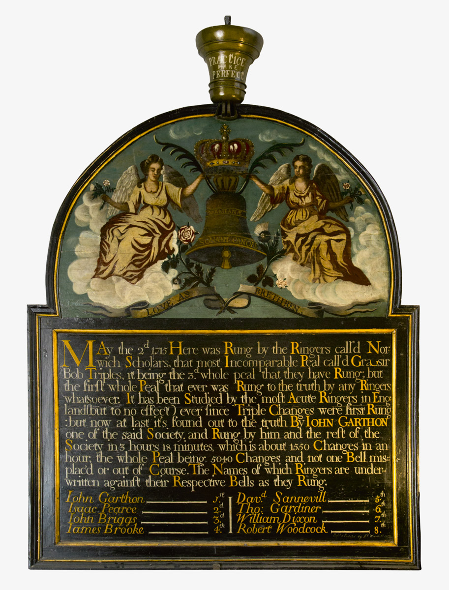 A plaque recording the first successful ringing of an entire peal of 5,040 changes at the Church of Saint Peter Mancroft, Norwich, England, 2 May seventeen fifteen.
