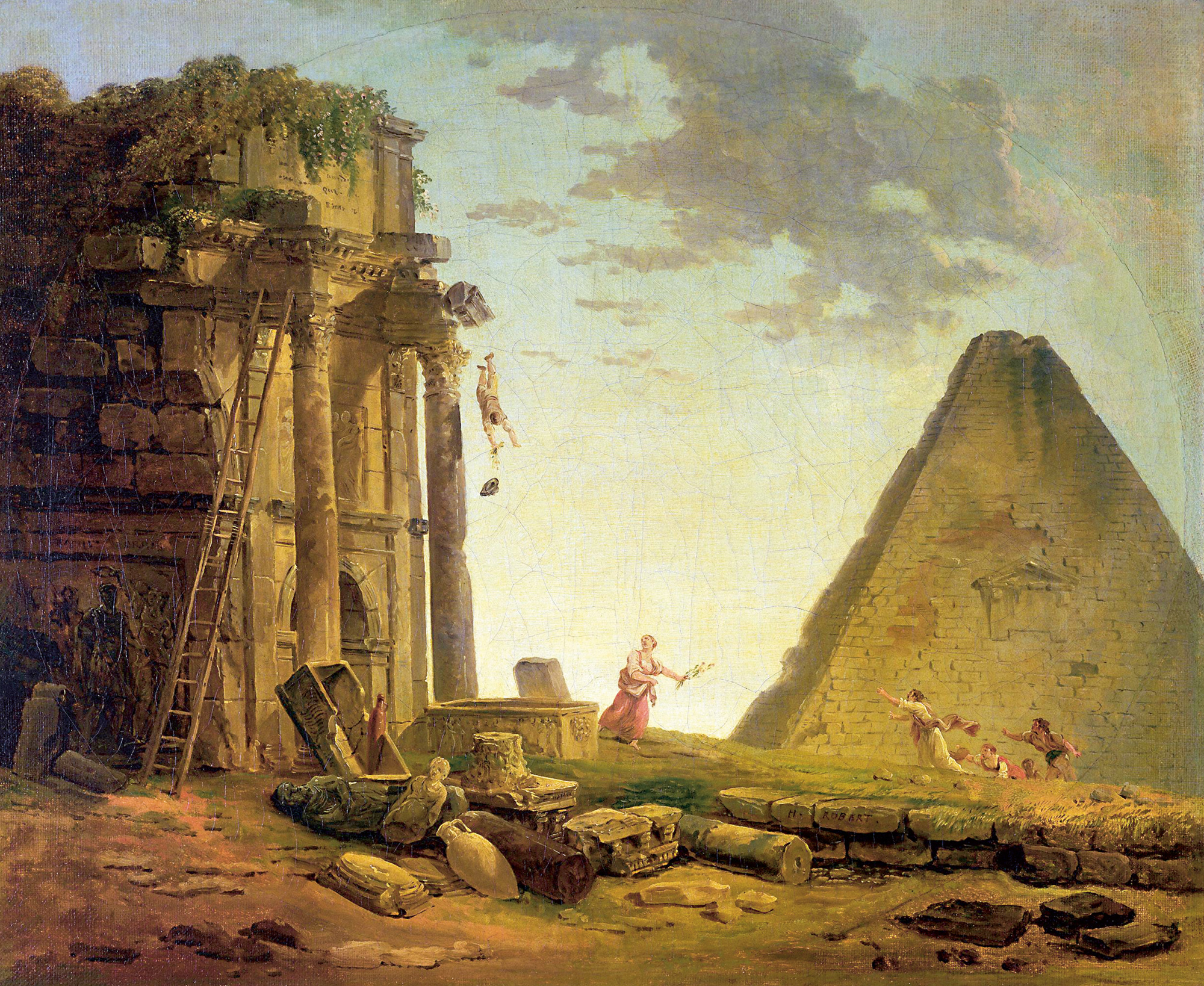 A circa seventeen ninety to eighteen oh four painting by Hubert Robert titled “The Accident” of a man falling headlong from an ancient structure.