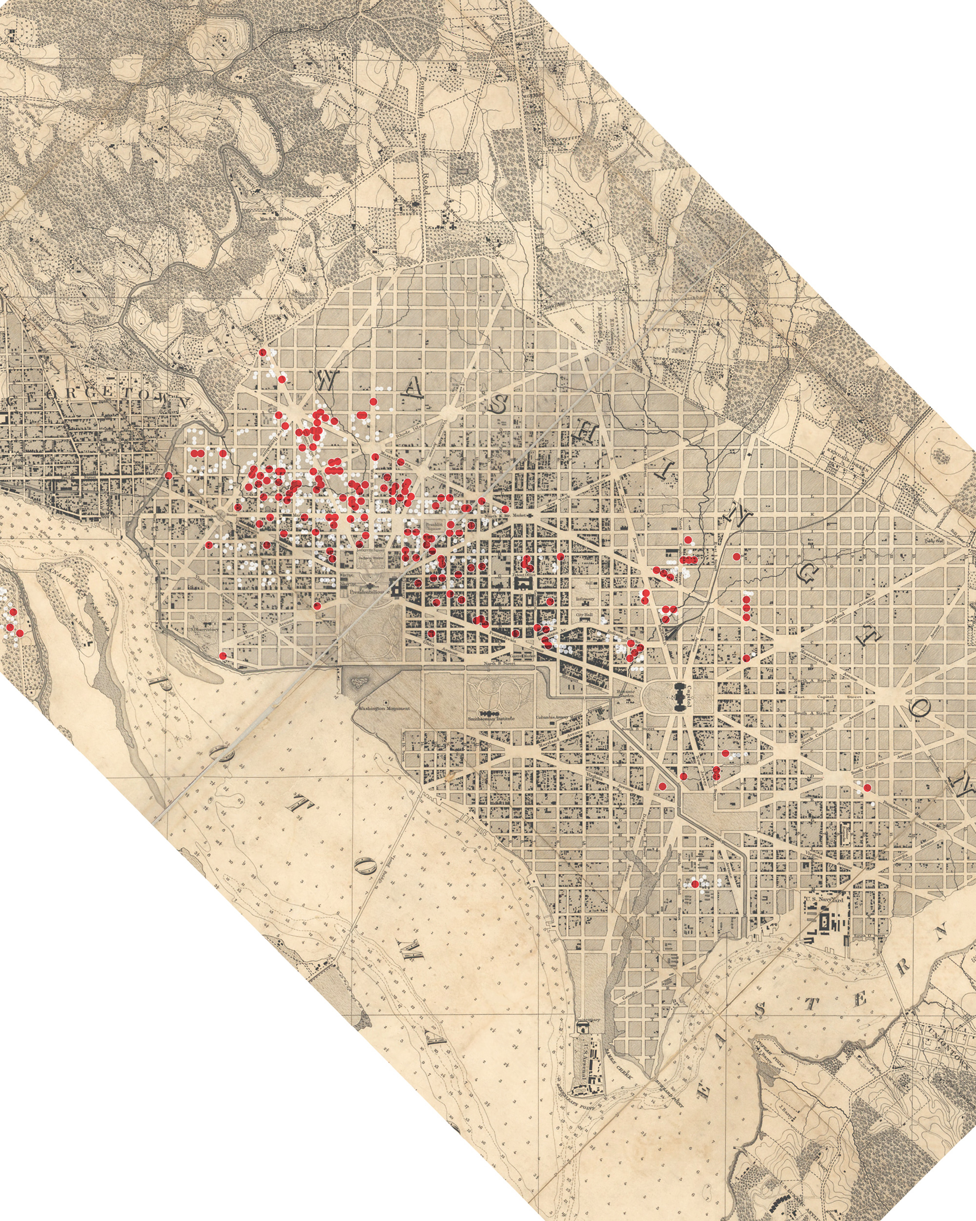 A eighteen fifty-nine survey map of Washington, DC, which serves to contrast the topography of a nascent Federal District with the corporate-industrial-political geography of the twenty-first century. The map marks office sites housing Political Action Committees, think tanks, trade associations, lobbying agencies, and advocacy groups as white dots. Red dots mark extremist, obstructionist, and covert organizations, as well as with lobbying and legal firms that have profited from representing these organizations and political campaigns.
