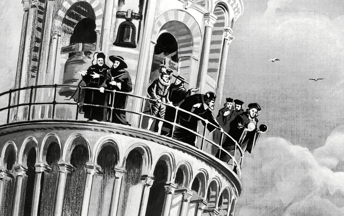 An illustration of Galileo about to drop two balls of different masses off the Tower of Pisa.
