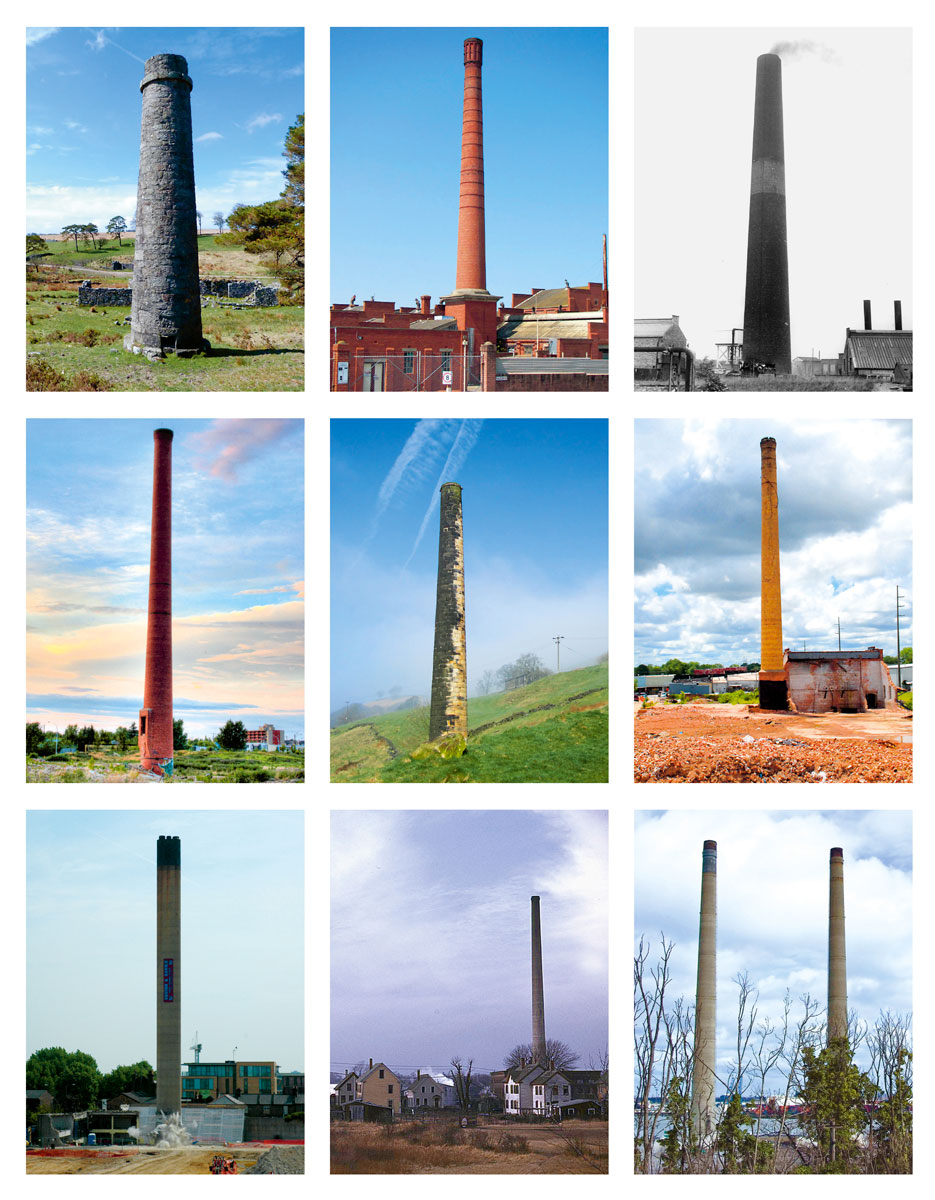 Nine photographs of towering factory chimneys, examples of what Georges Bataille called “giant scarecrows.”