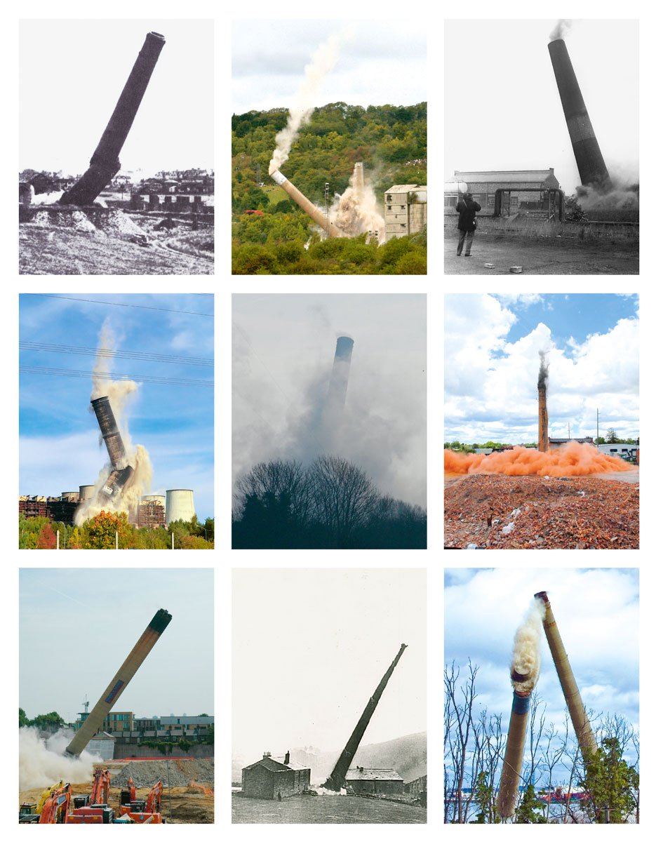 Nine photographs showing factory chimneys being toppled.