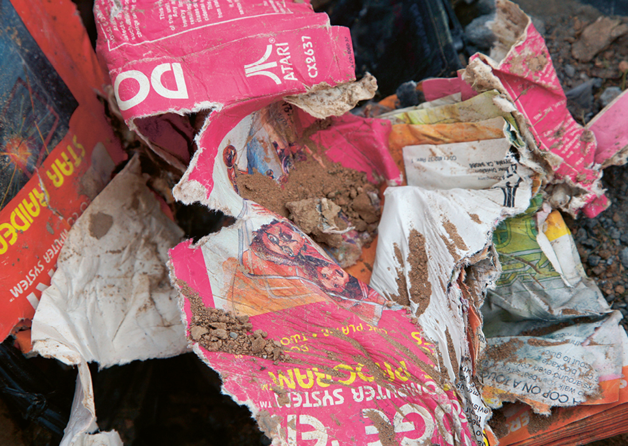 A photograph of discarded merchandise at the Atari Incorporated landfill site in Alamogordo, New Mexico.