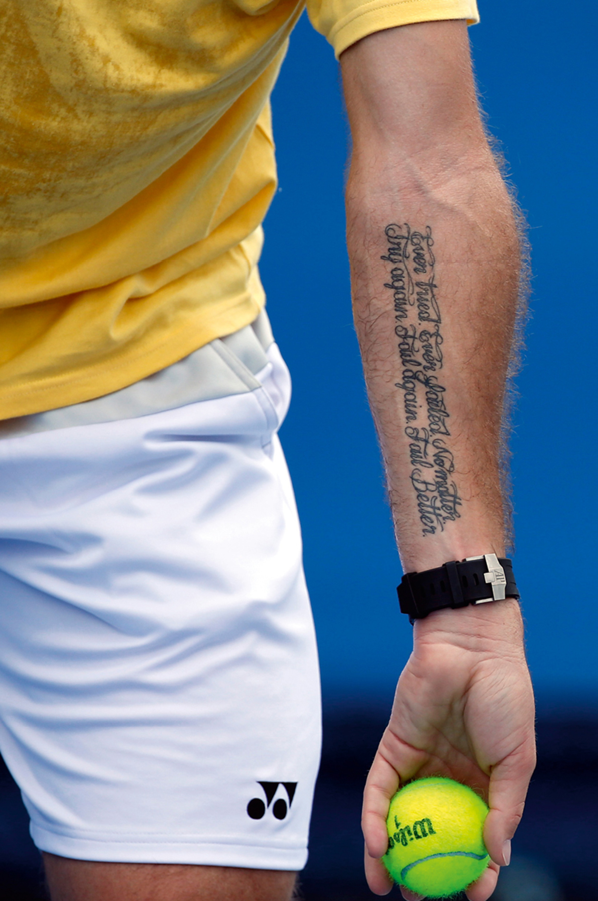 “A photograph of a quote from Samuel Beckett tattooed on the forearm of tennis player Stanislas Wawrinka, which reads “Ever tried. Ever failed. No Matter. Try again. Fail again. Fail better.” 
