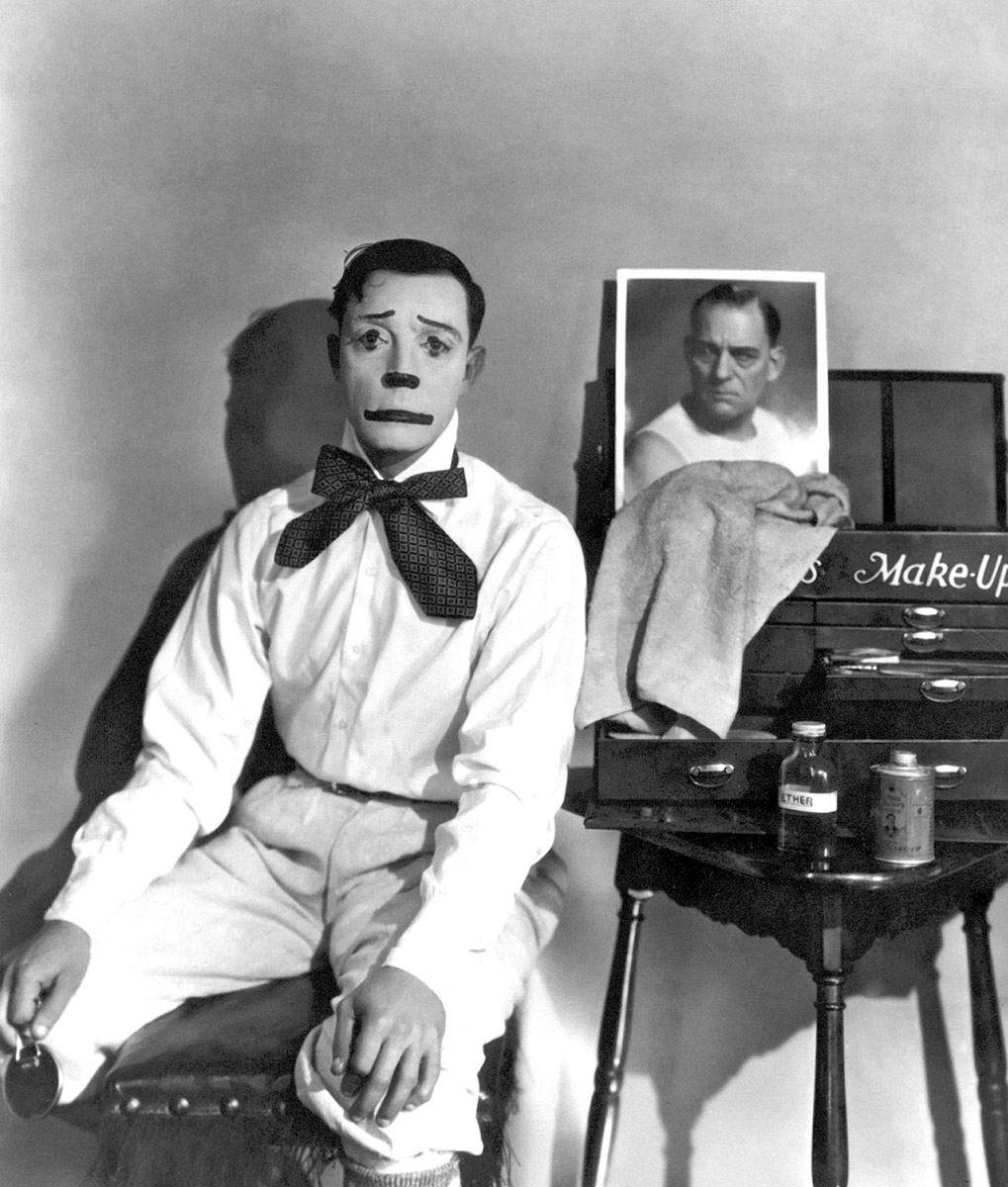 A publicity still of Keaton in clown makeup from the nineteen thirty film titled “Free and Easy”, Keaton’s first starring role in a talkie.